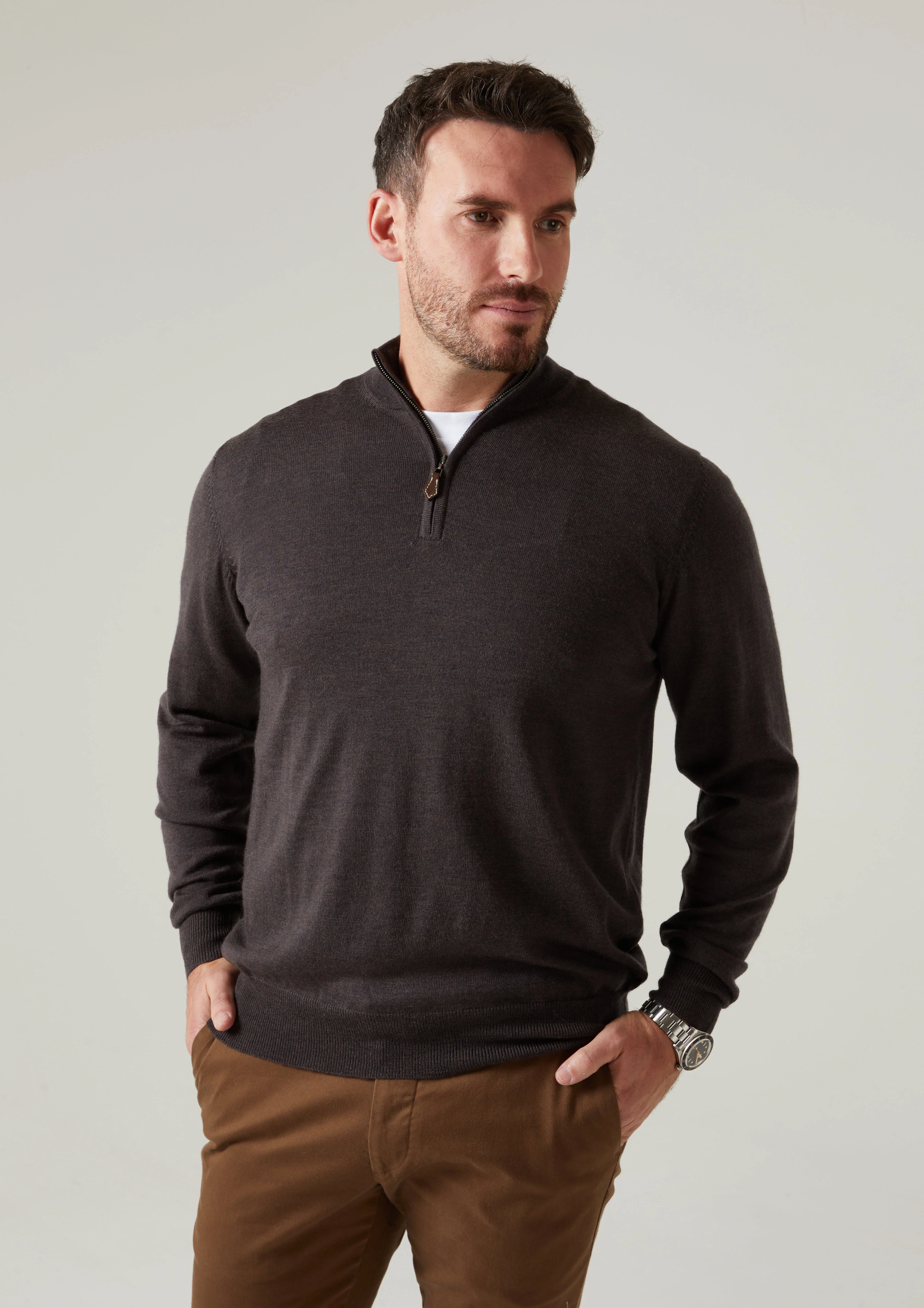 Barton Merino Wool 1/4 Zip Mock Jumper in Dark Brown - Regular Fit - Image 2