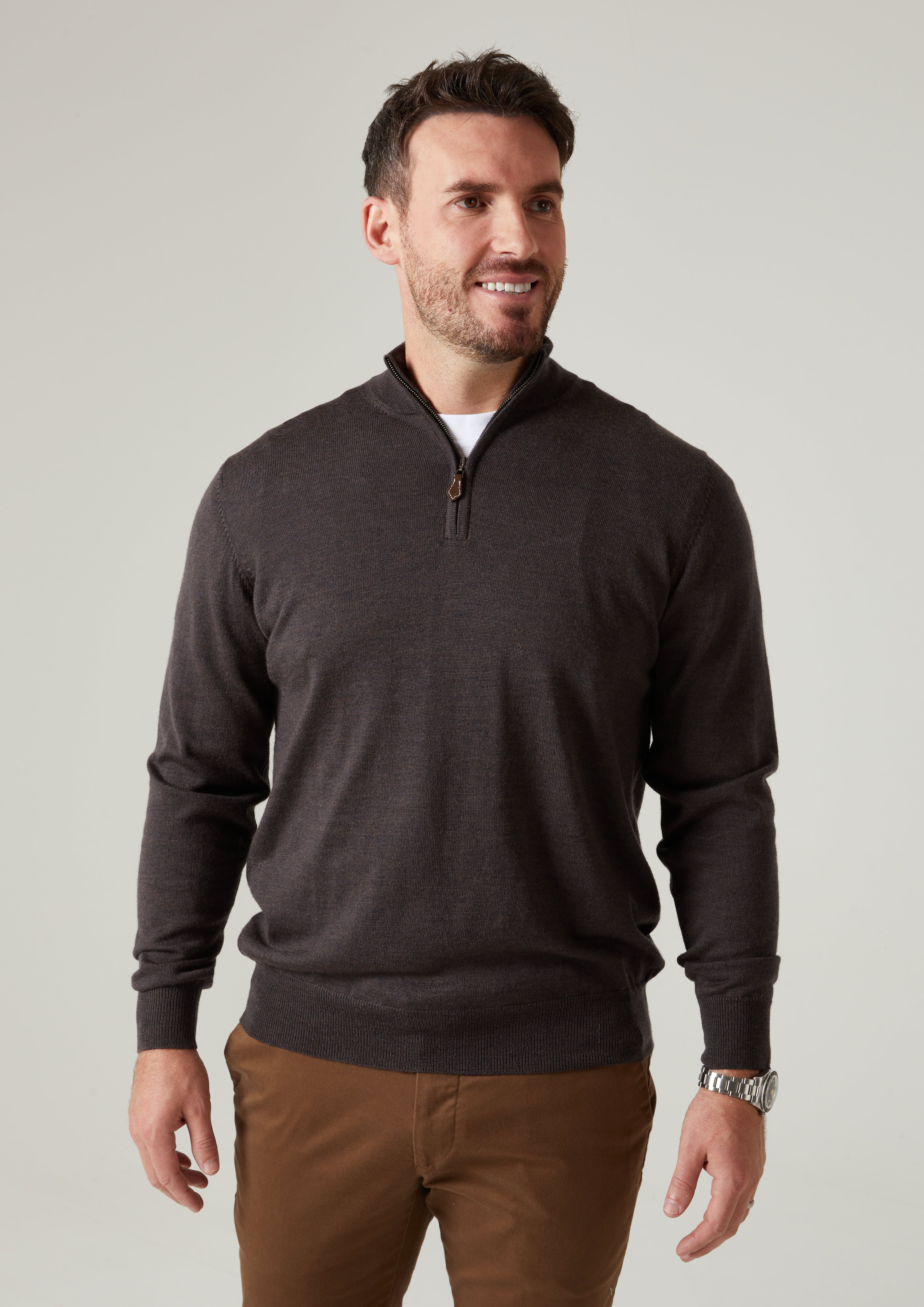 Barton Merino Wool 1/4 Zip Mock Jumper in Dark Brown - Regular Fit - Image 4