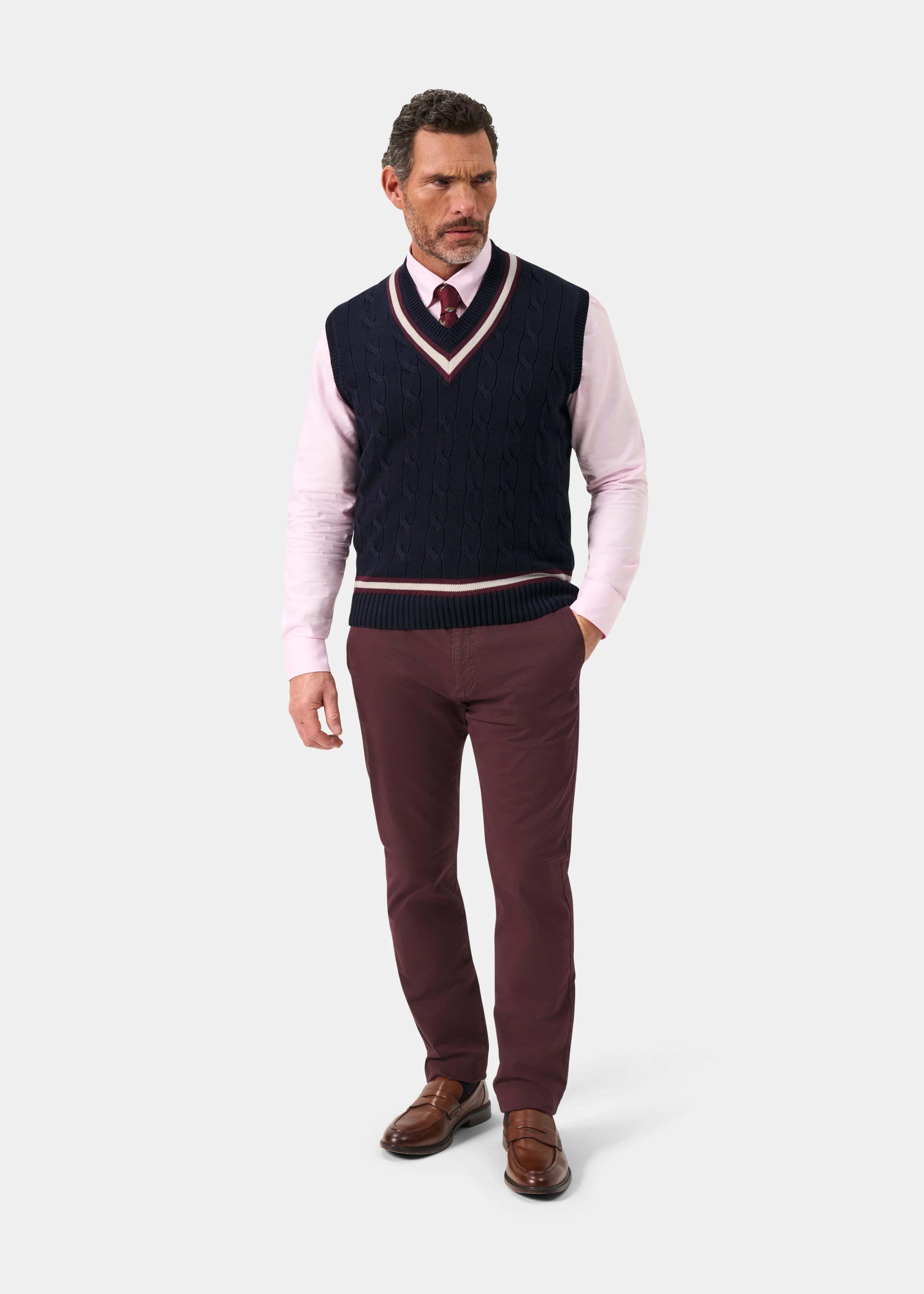 Chadbury Cable Cricket Slipover In Dark Navy and Blackcurrant - Image 3
