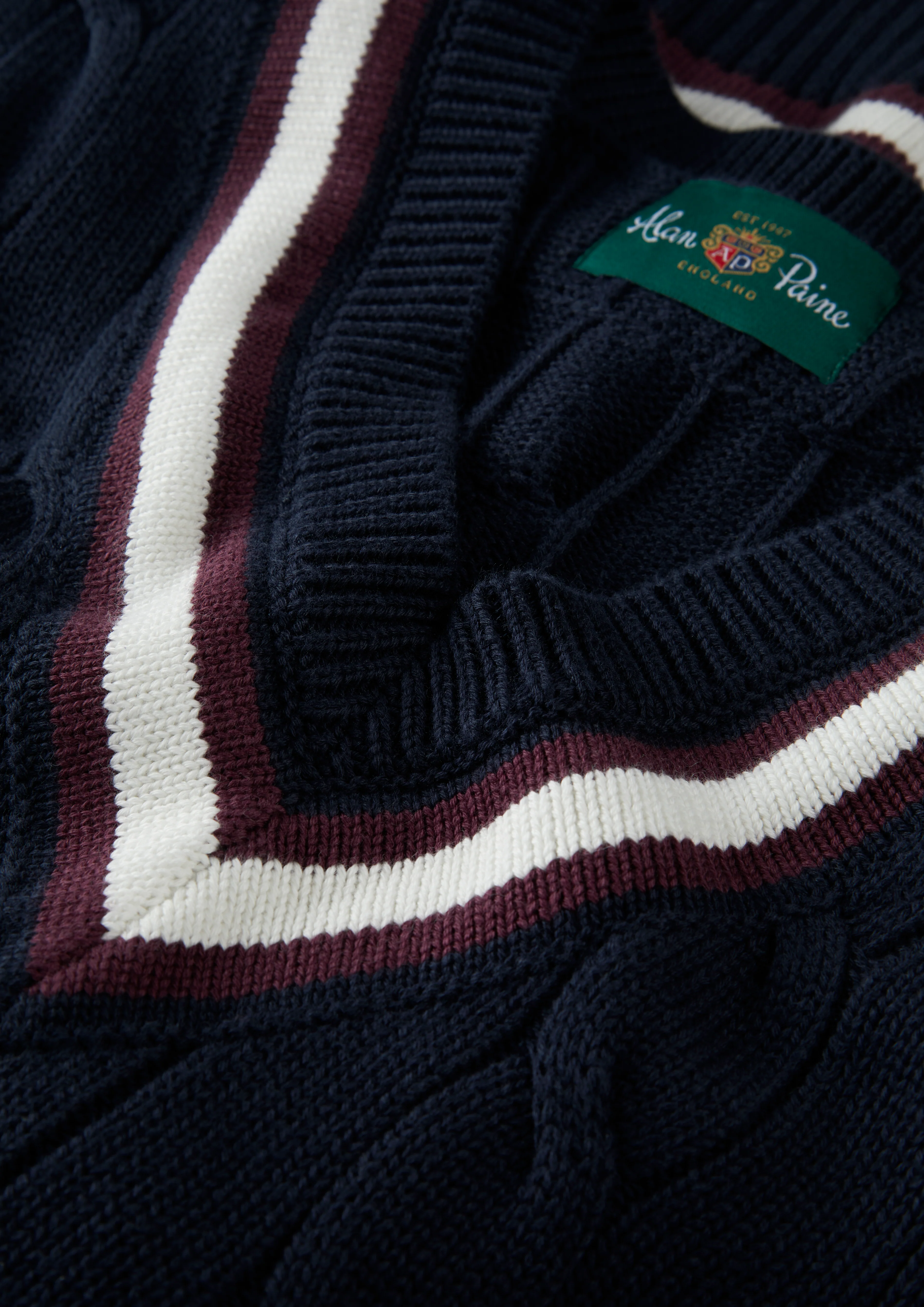 Chadbury Cable Cricket Slipover In Dark Navy and Blackcurrant - Image 7