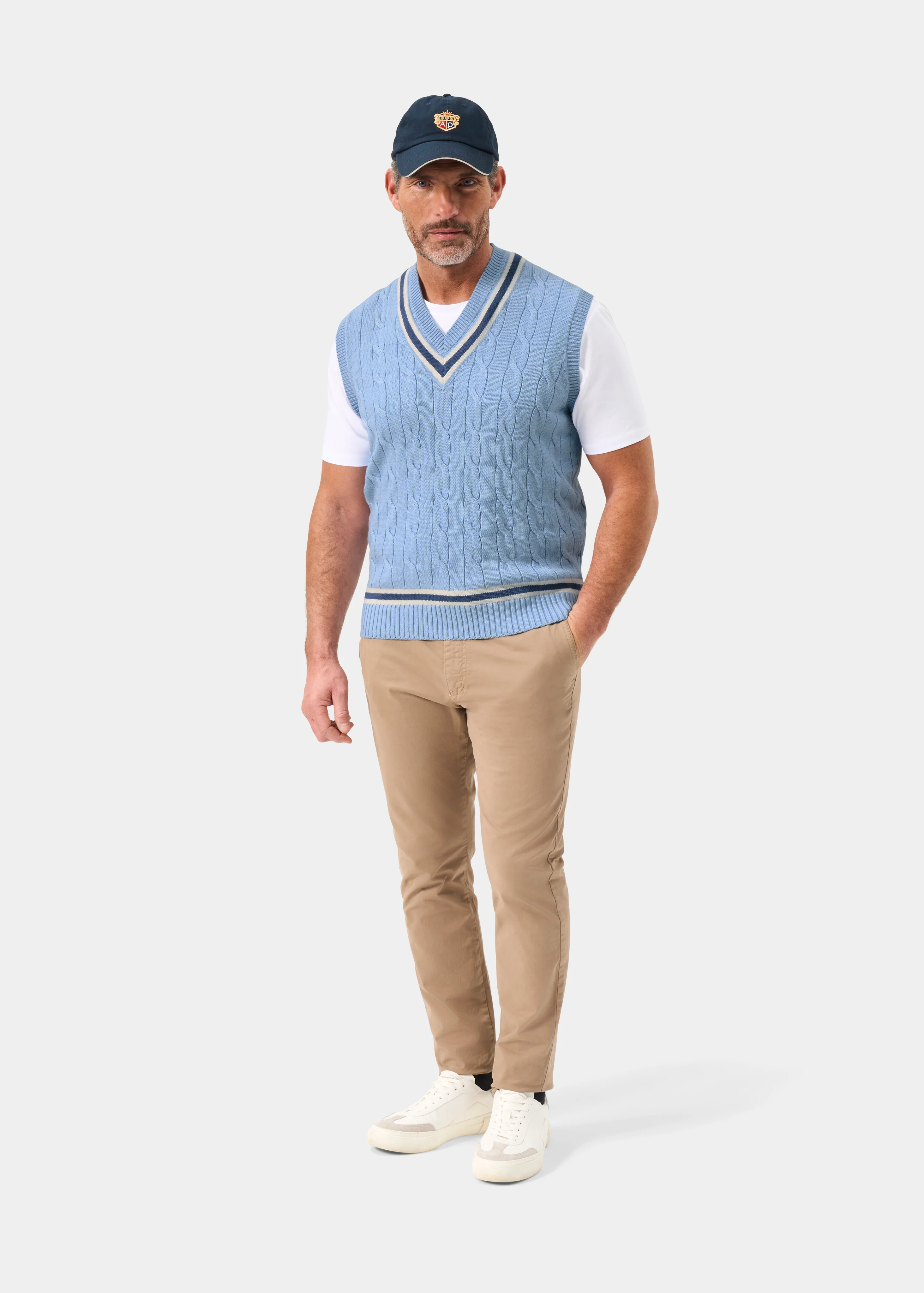 Chadbury Cable Cricket Slipover In Steel Blue - Image 3