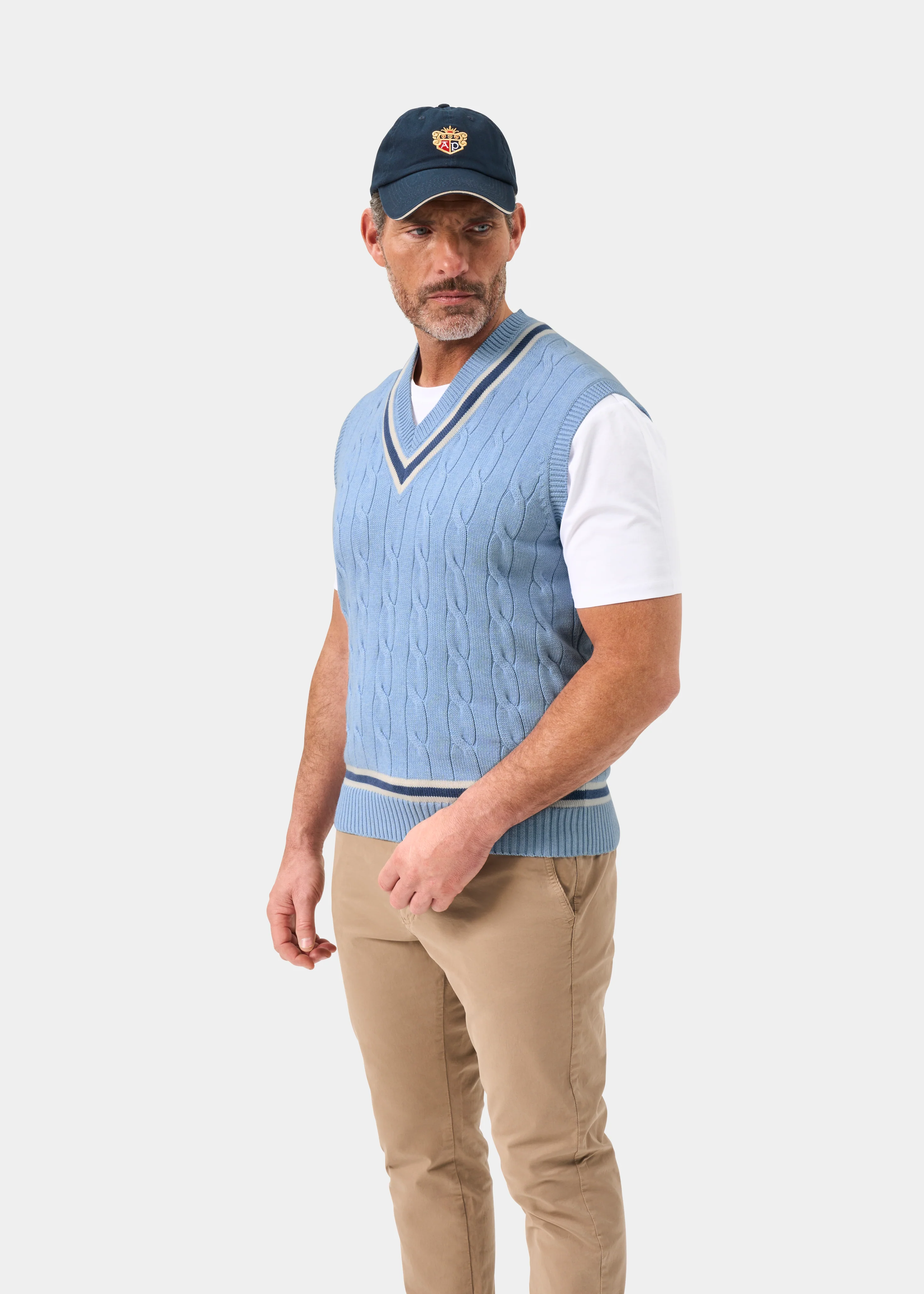 Chadbury Cable Cricket Slipover In Steel Blue - Image 5