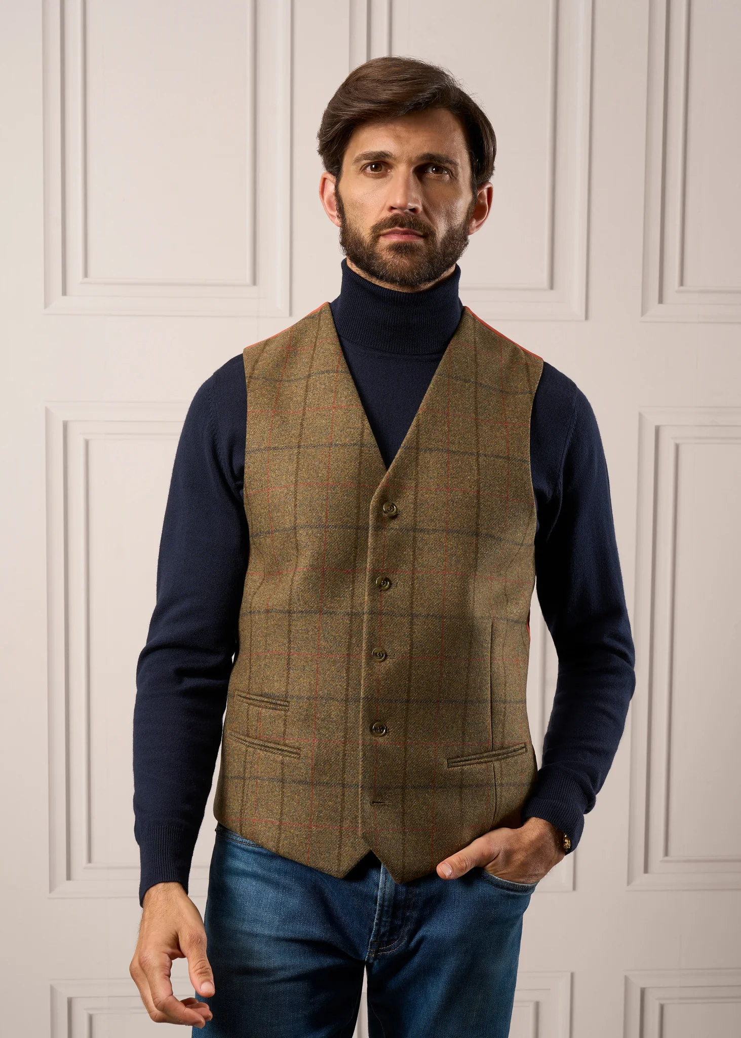 Combrook Men's Tweed Water Repellent Lined-Back Waistcoat in Thyme  -  Regular Fit - Image 3