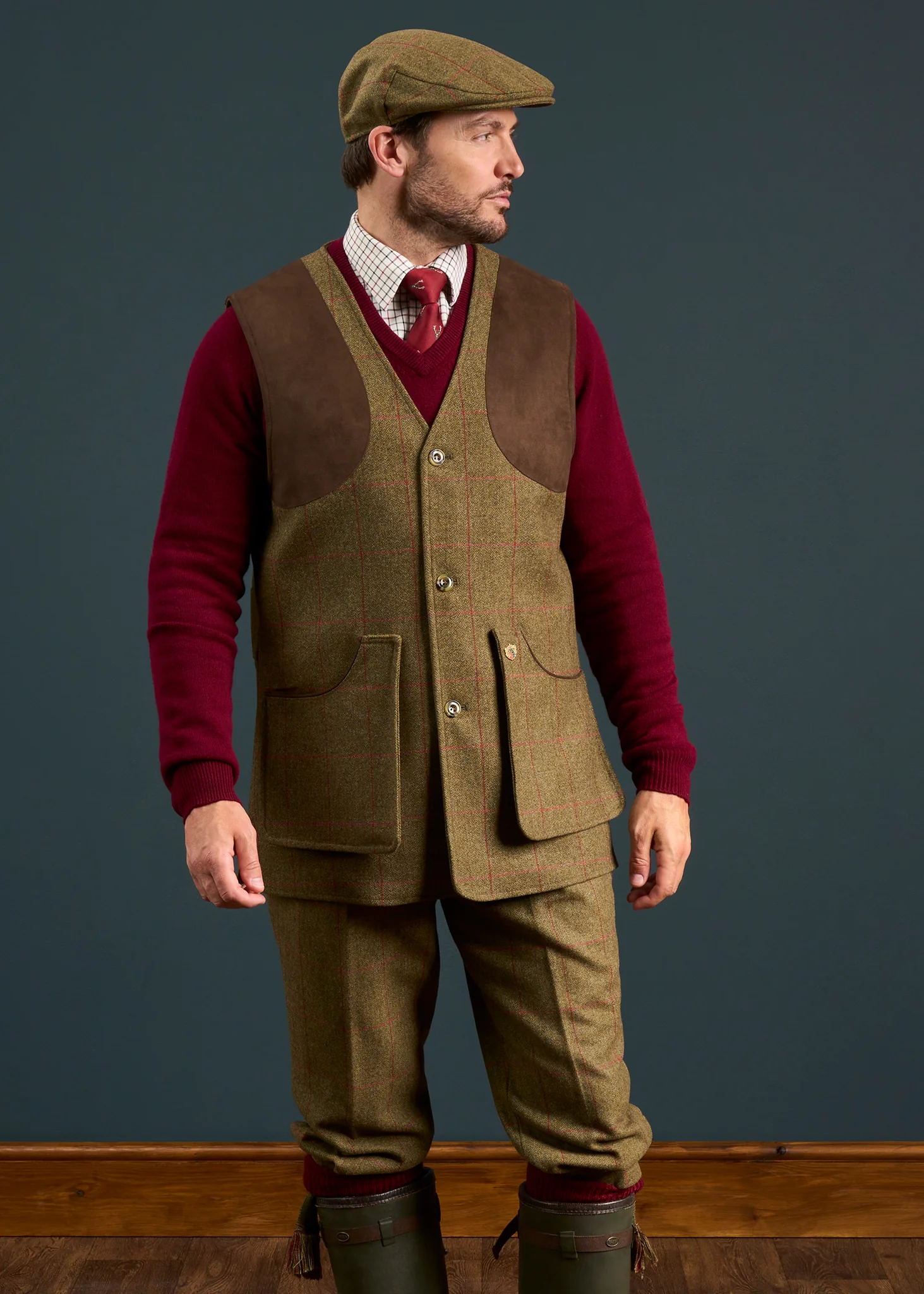 Combrook Men's Tweed Water Repellent Shooting Waistcoat in Sage  -  Shooting Fit - Image 4