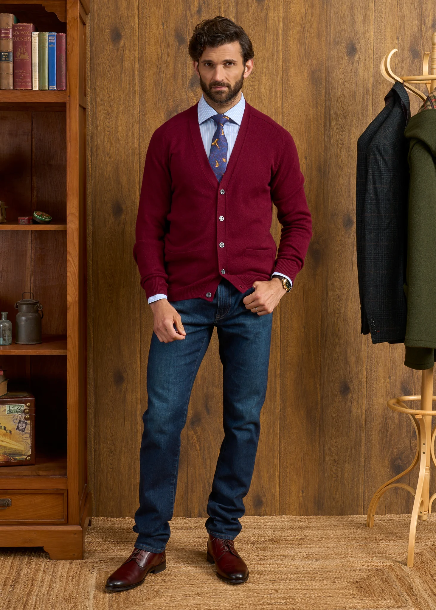 Cornwall Lambswool Cardigan in Bordeaux - Classic Fit - Image 2