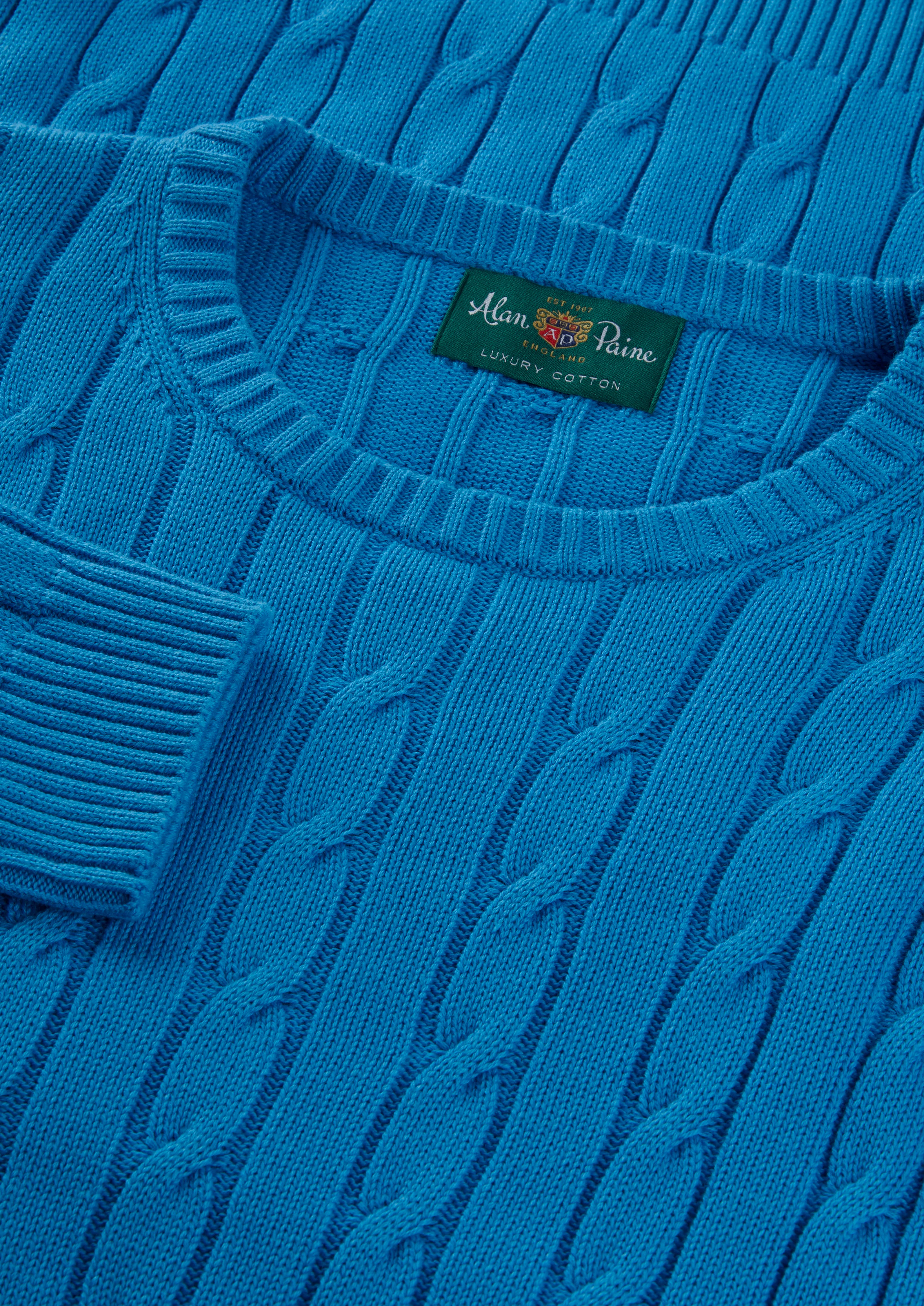 Honley Cotton Cashmere Cable Knit Jumper In Blue Lagoon - Image 3