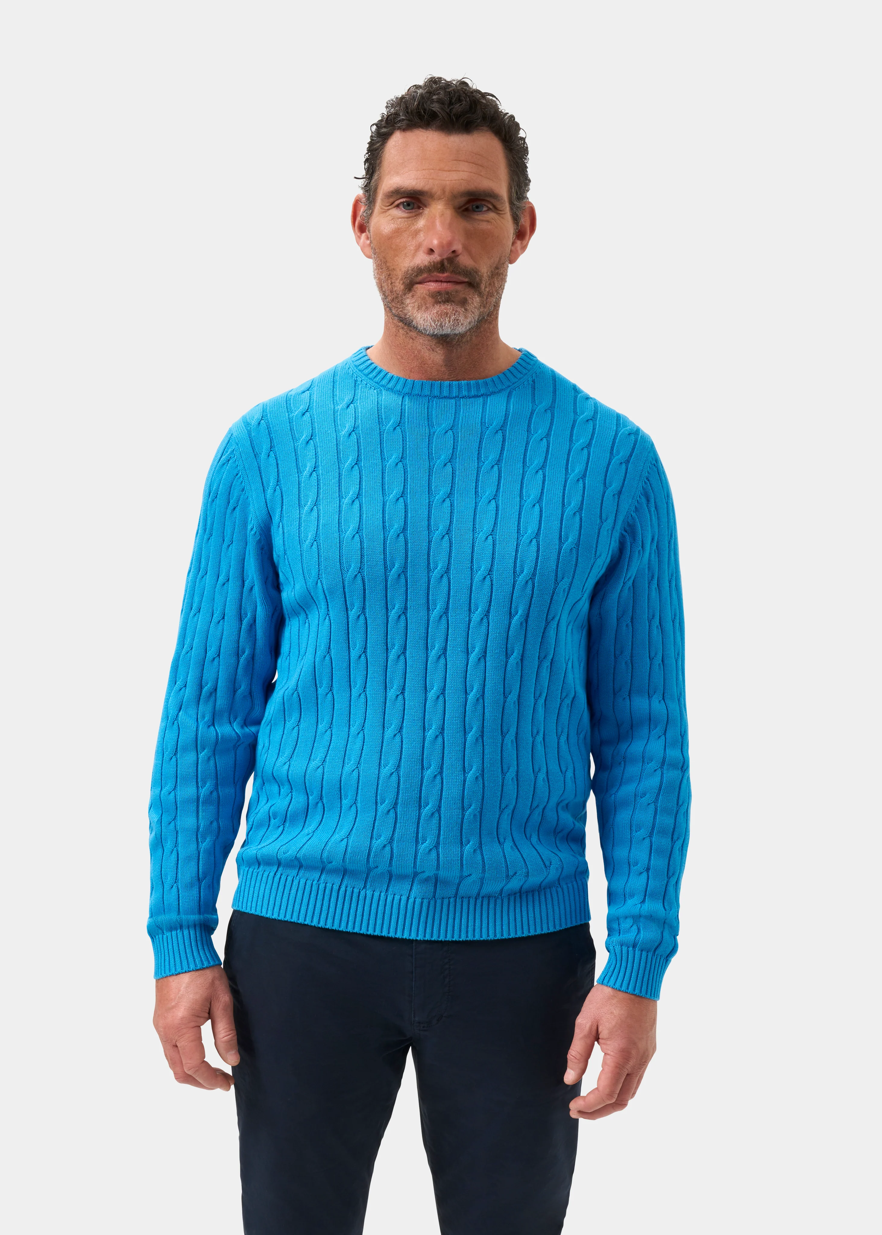 Honley Cotton Cashmere Cable Knit Jumper In Blue Lagoon - Image 5