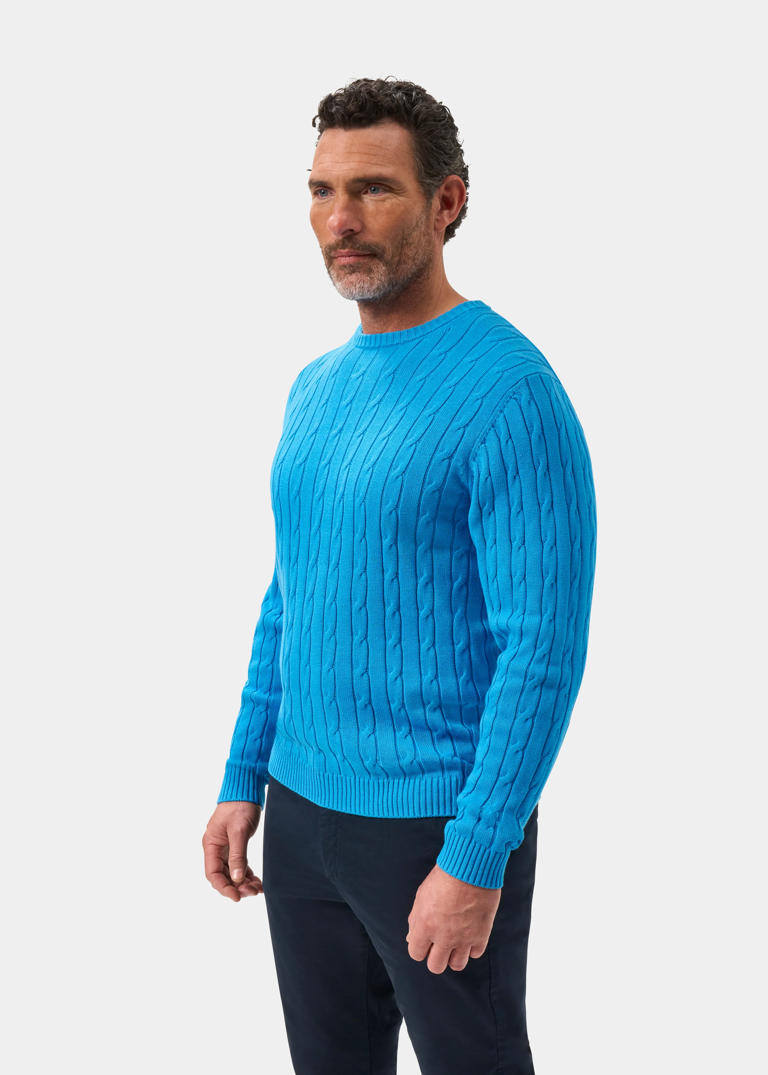 Honley Cotton Cashmere Cable Knit Jumper In Blue Lagoon - Image 6