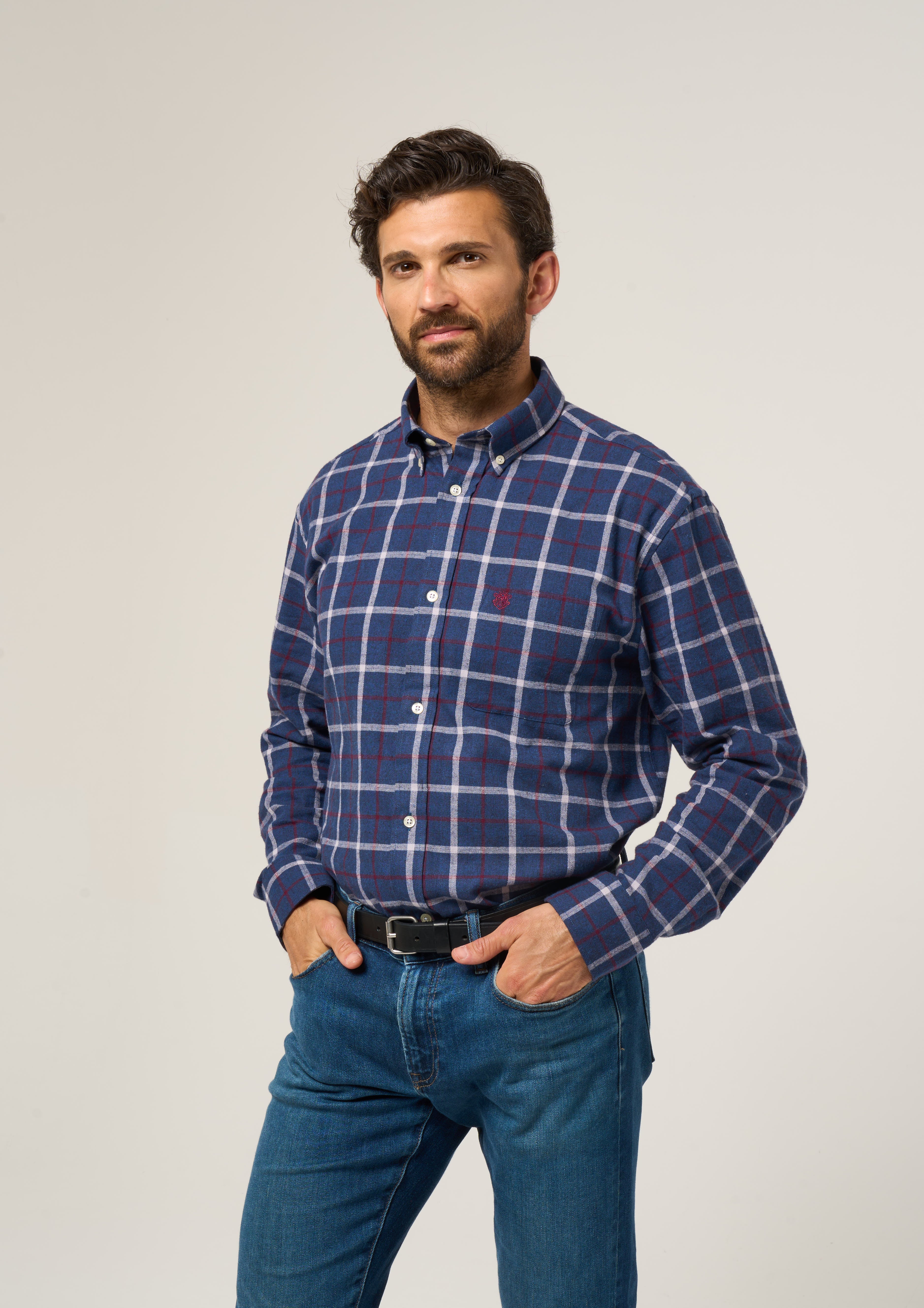 Ilkley Flannel Check Shirt In Blue - Shooting Fit - Image 5