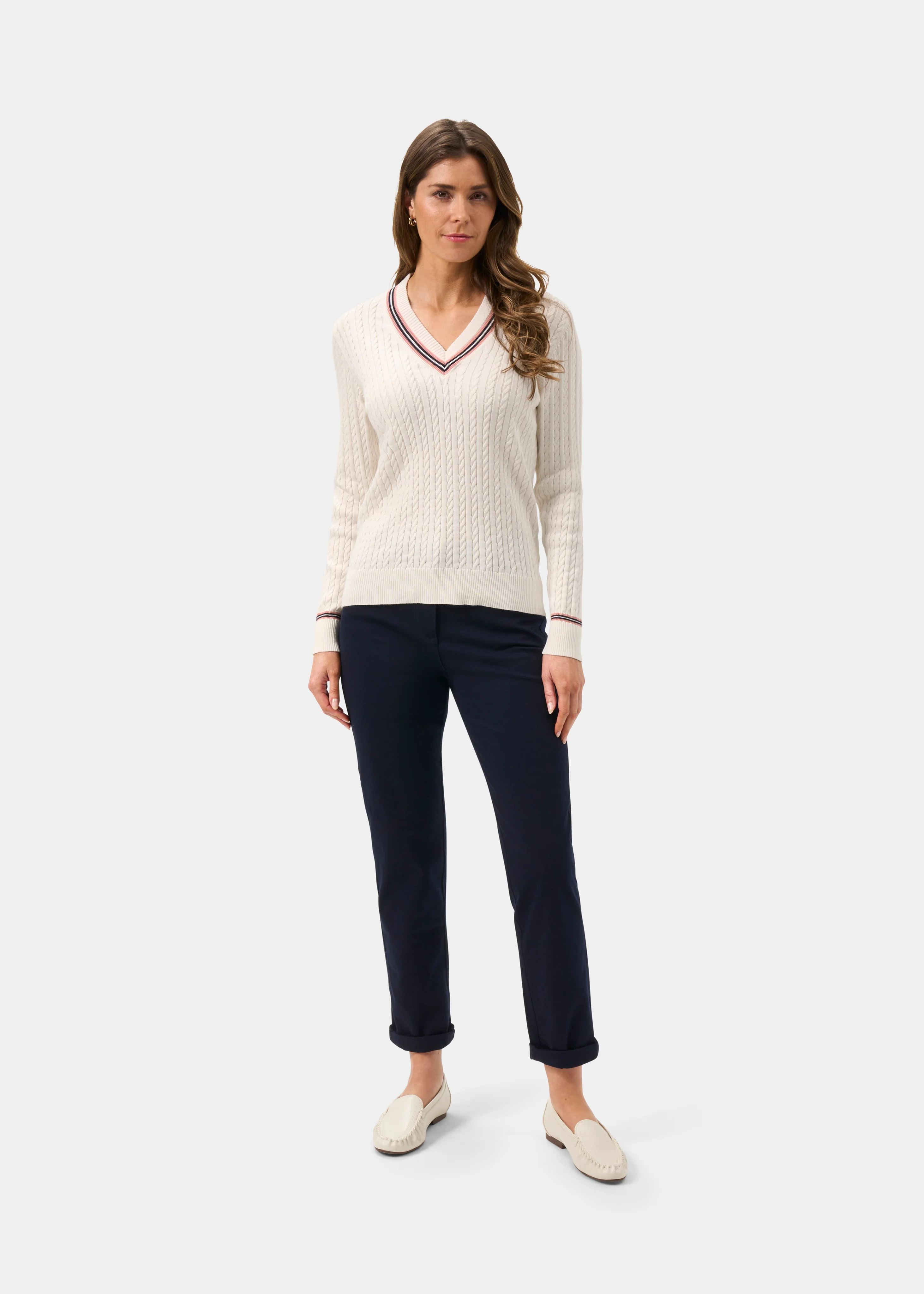 Ladies Cable Knit Cricket Jumper In Ecru - Image 4