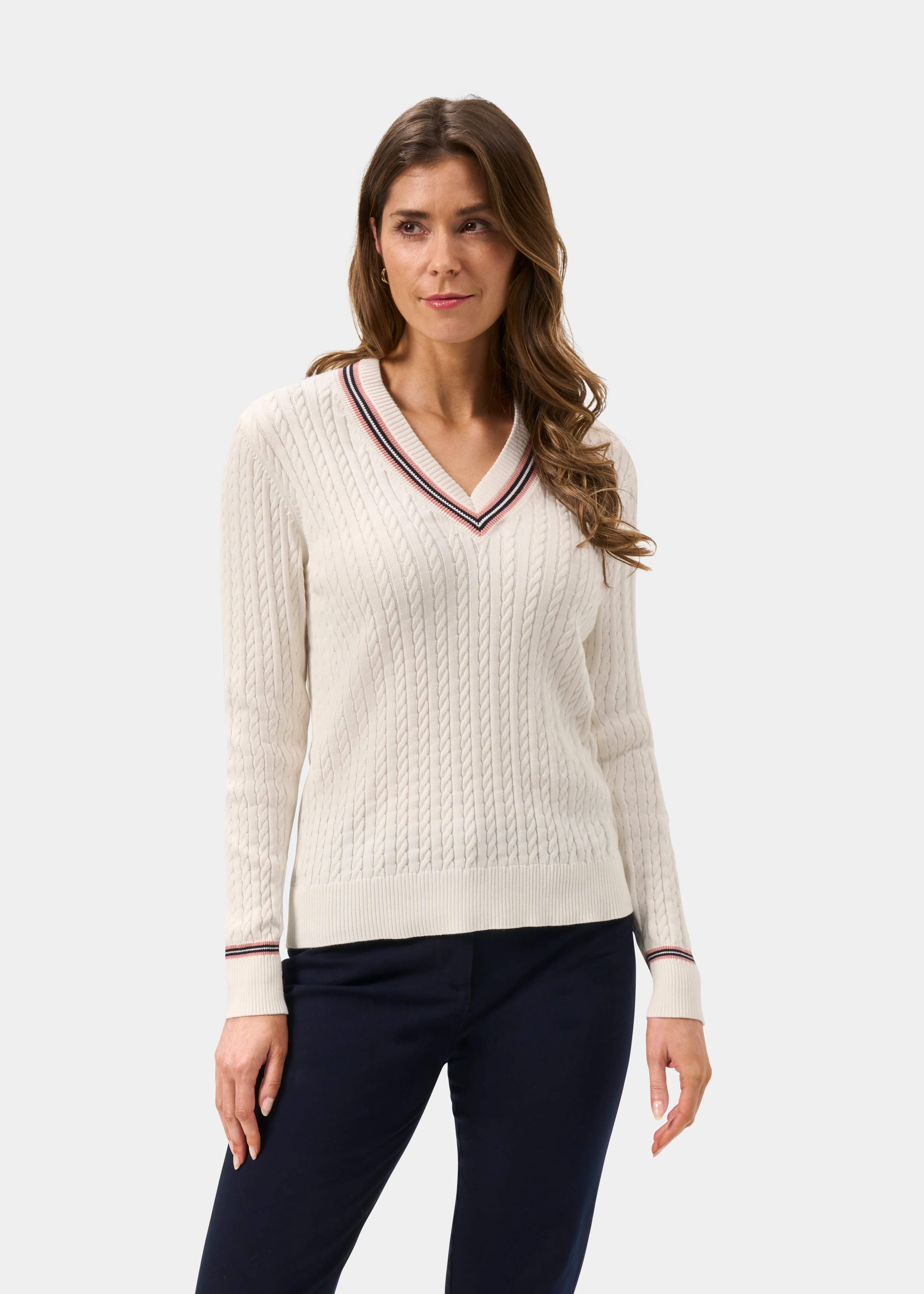 Ladies Cable Knit Cricket Jumper In Ecru - Image 5