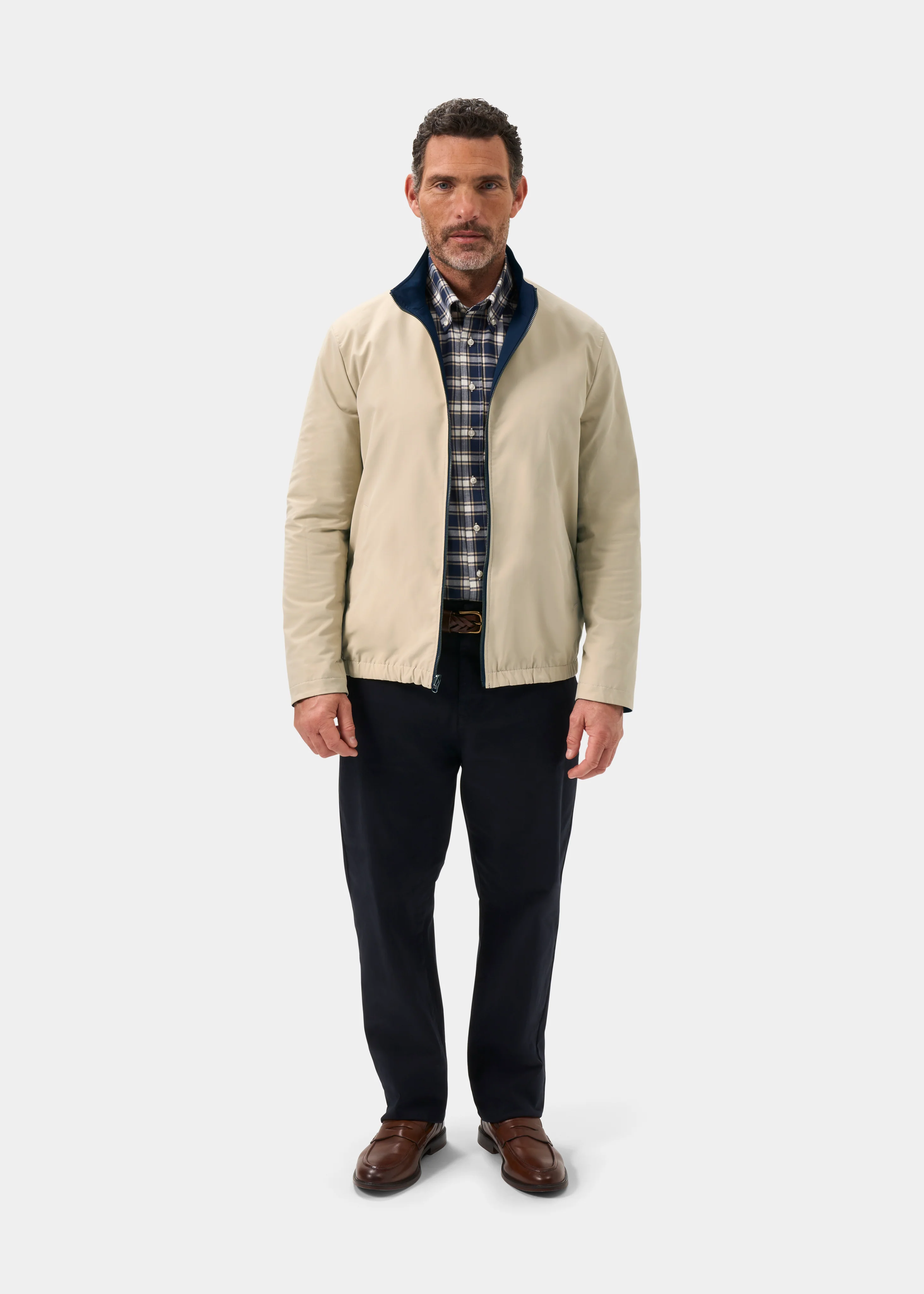 Lakeward Men's Reversible Bomber Jacket In Navy and Beige - Image 7