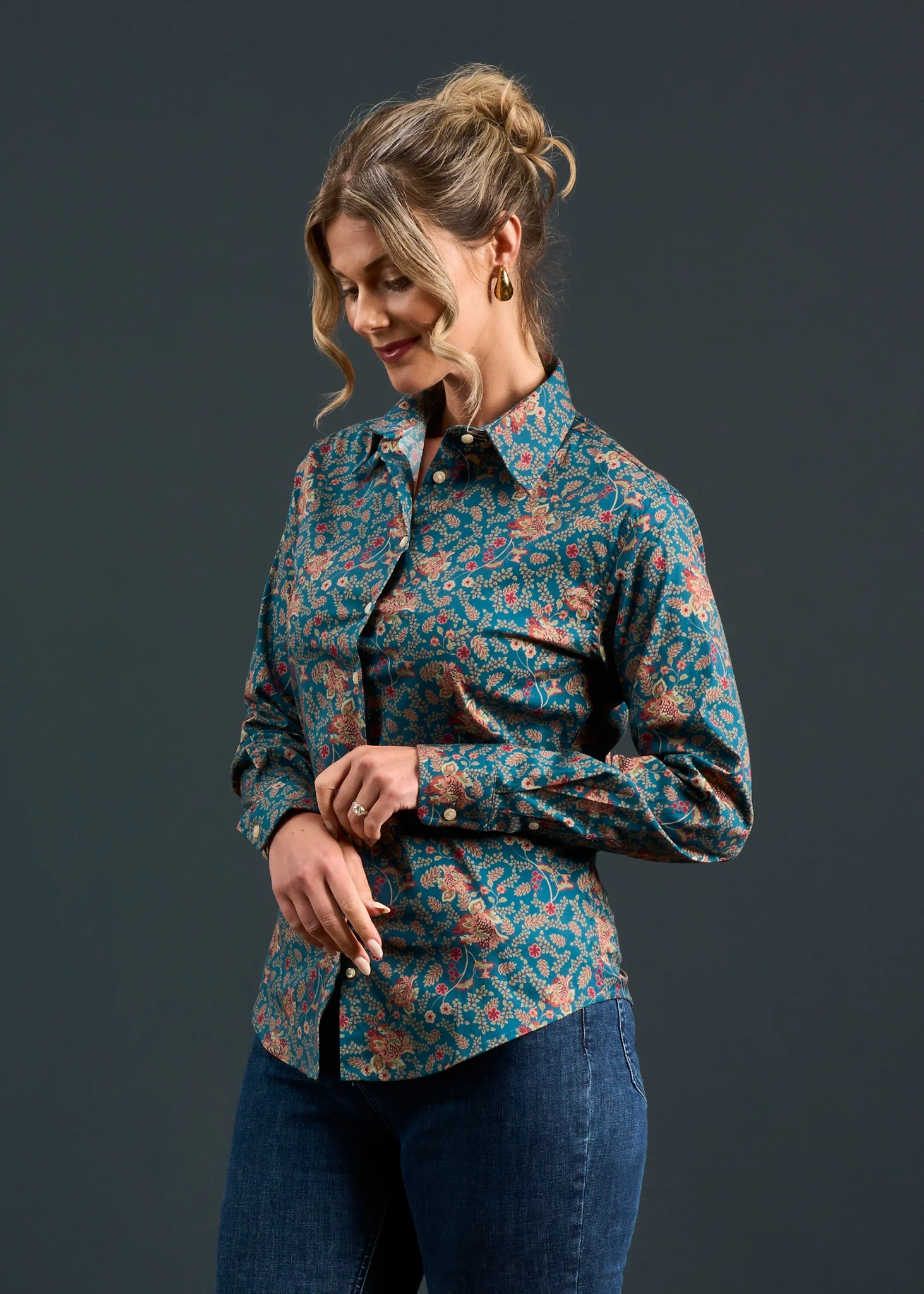 Lawen Ladies Printed Cotton Shirt - Blue Floral Design - Image 3