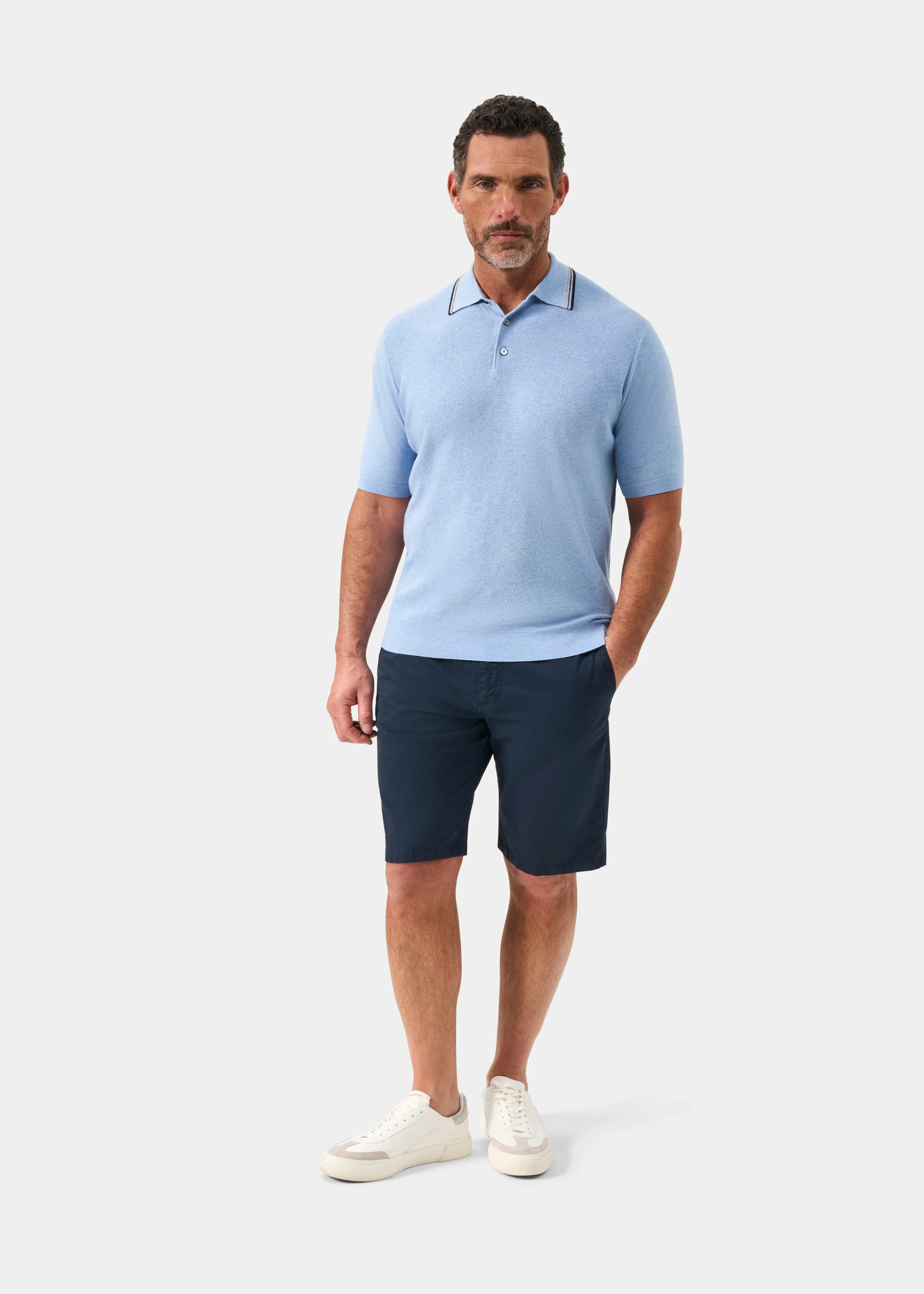 Lulworth Men's Cotton Cashmere Textured Polo In Steel Blue - Image 3