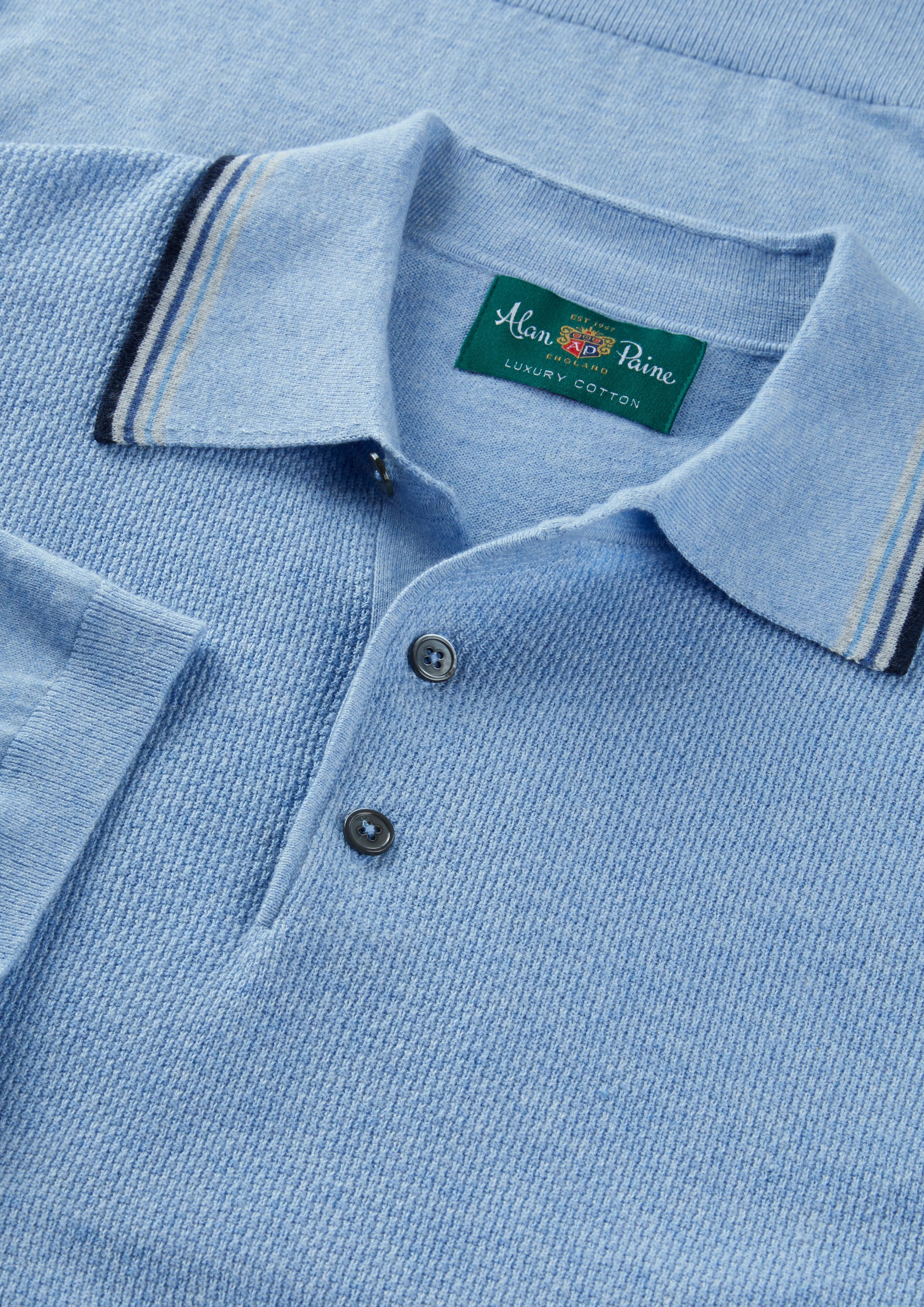 Lulworth Men's Cotton Cashmere Textured Polo In Steel Blue - Image 4