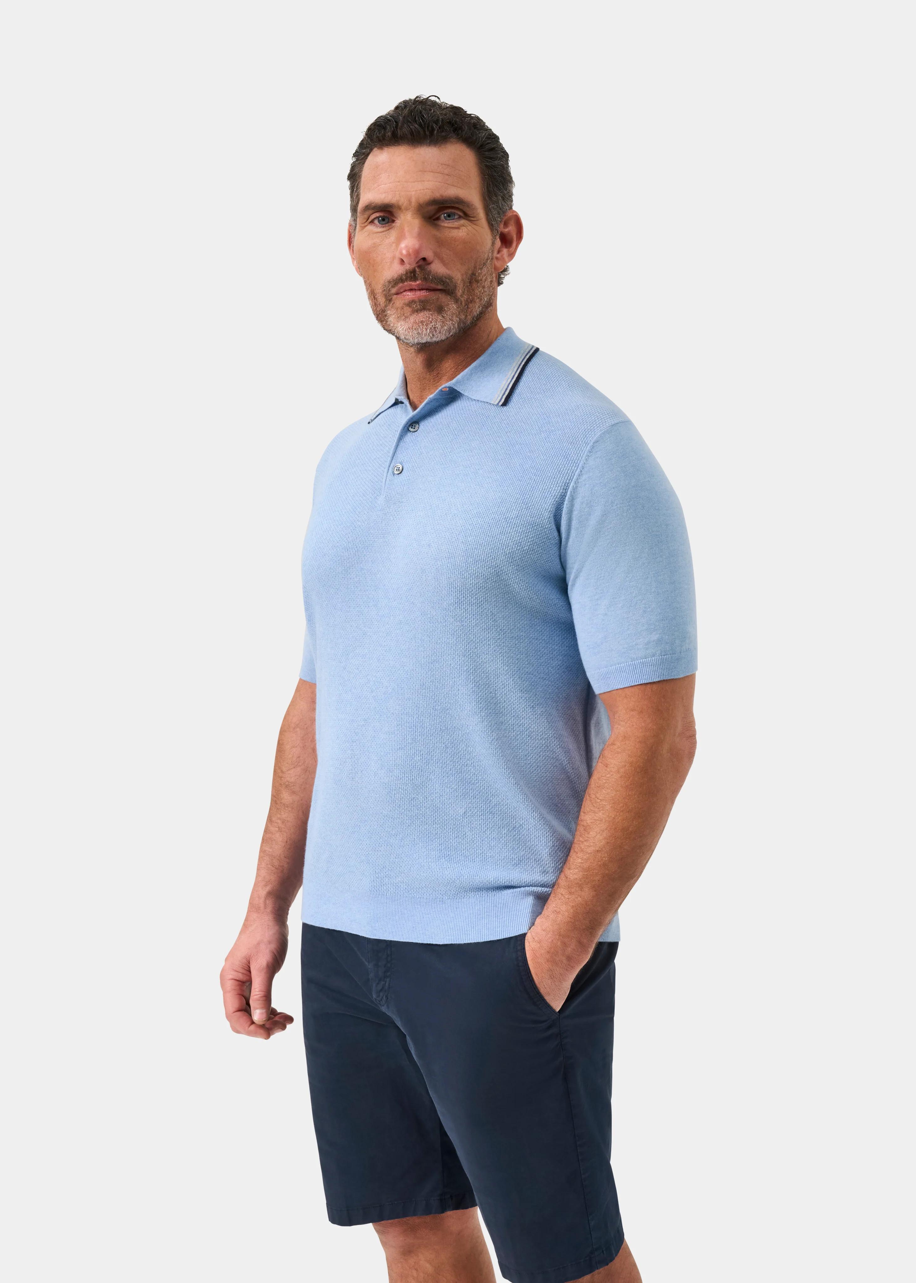 Lulworth Men's Cotton Cashmere Textured Polo In Steel Blue - Image 5