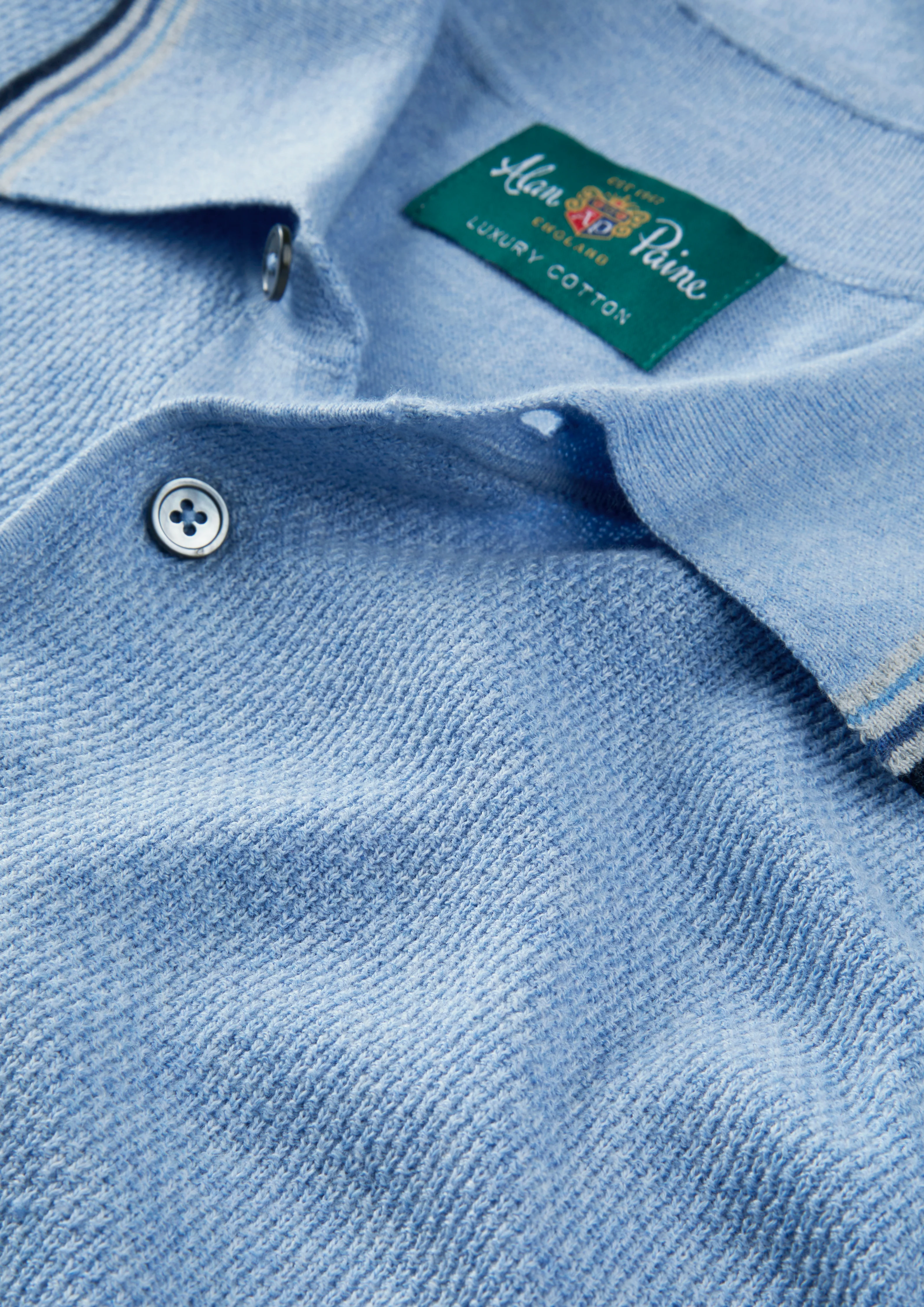 Lulworth Men's Cotton Cashmere Textured Polo In Steel Blue - Image 7