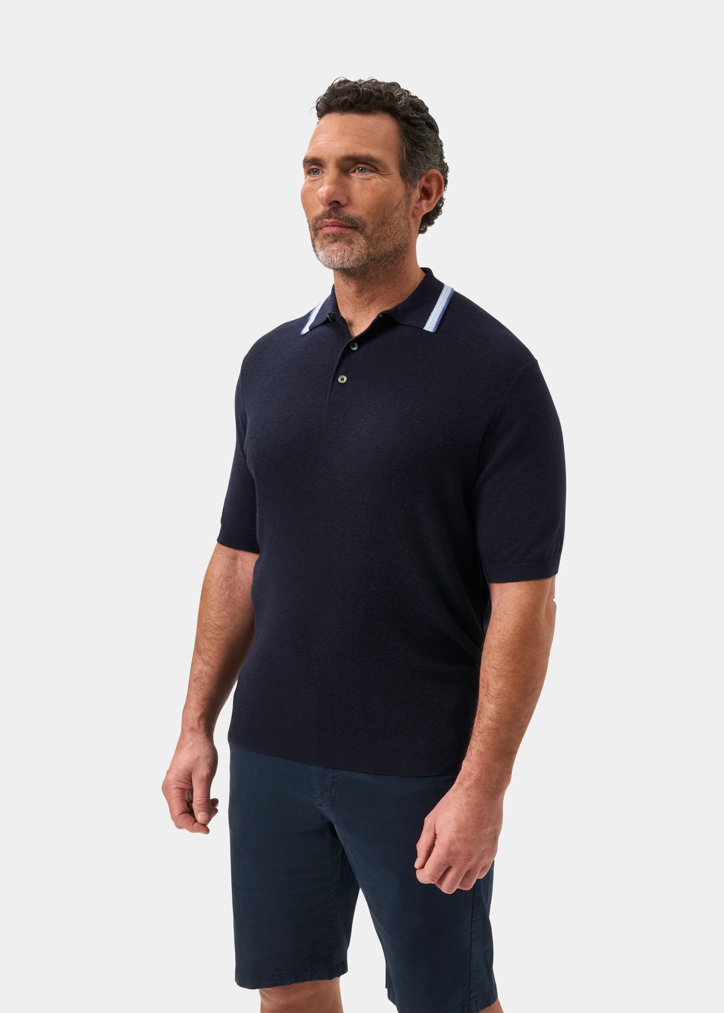 Lulworth Men's Cotton Cashmere Textured Polo In Dark Navy - Image 6
