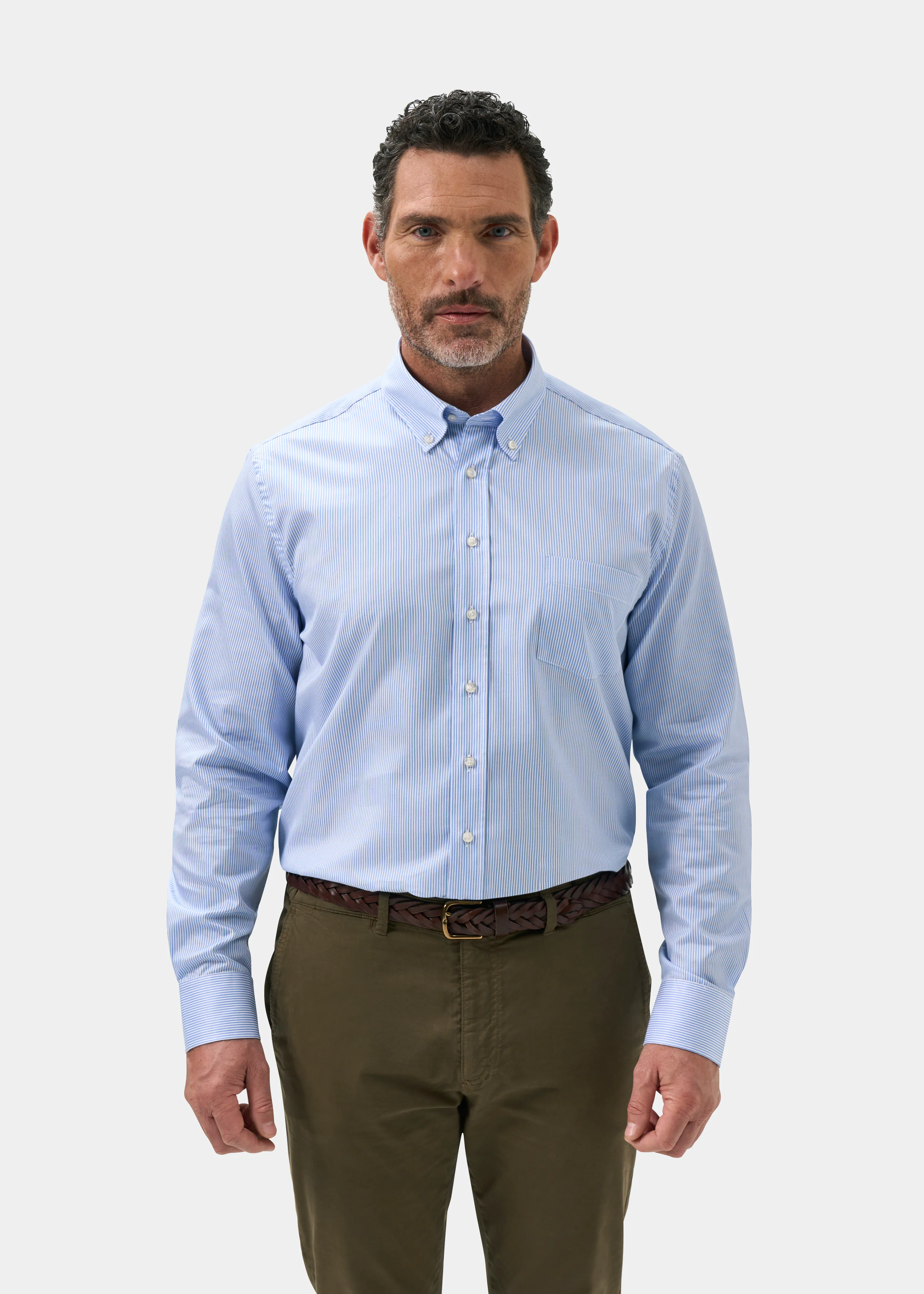 Men's Cotton Button Down Blue Striped Shirt - Regular Fit - Image 5
