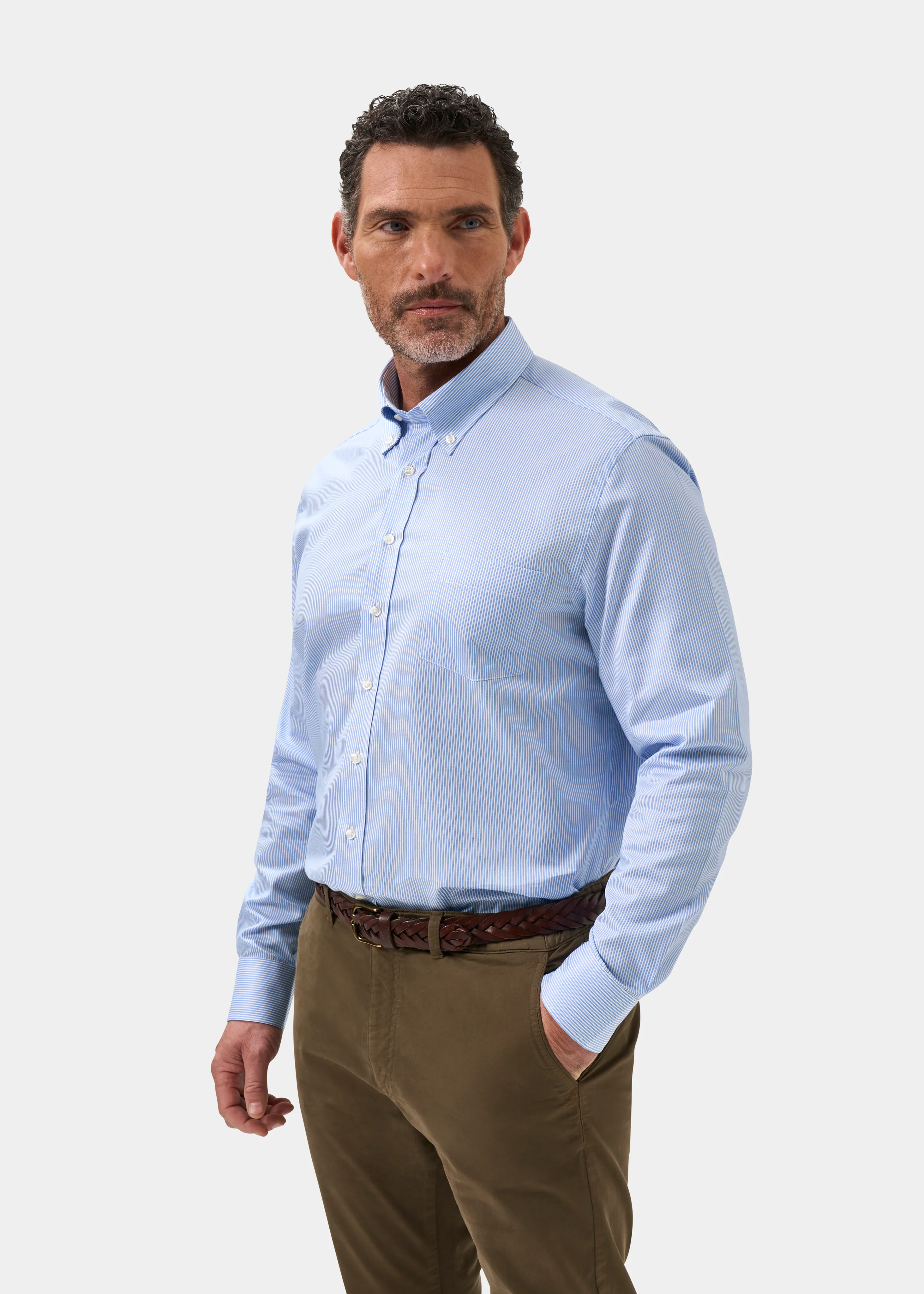 Men's Cotton Button Down Blue Striped Shirt - Regular Fit - Image 6