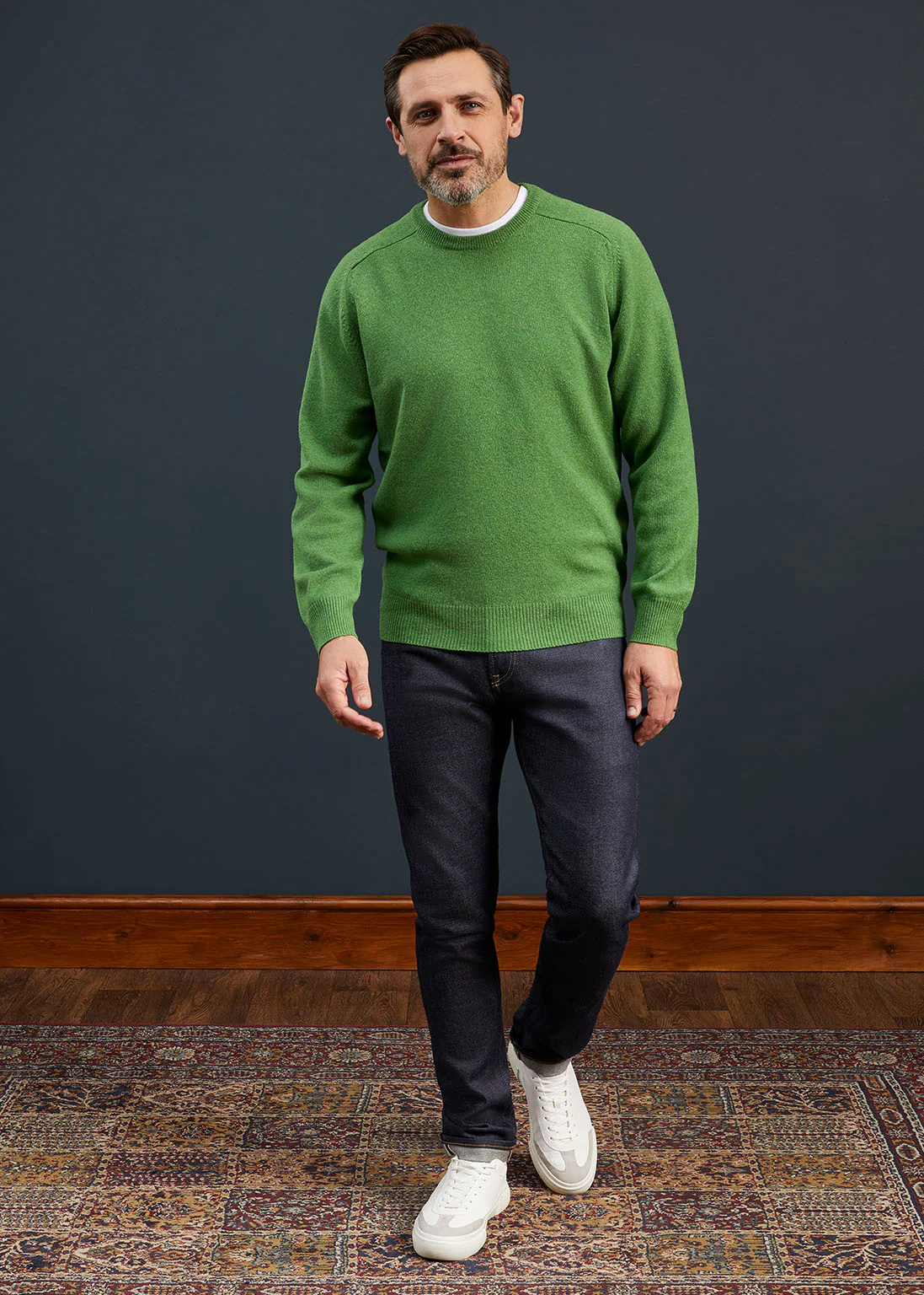 Men's Lambswool Crew Neck Jumper in Green - Classic Fit - Image 2