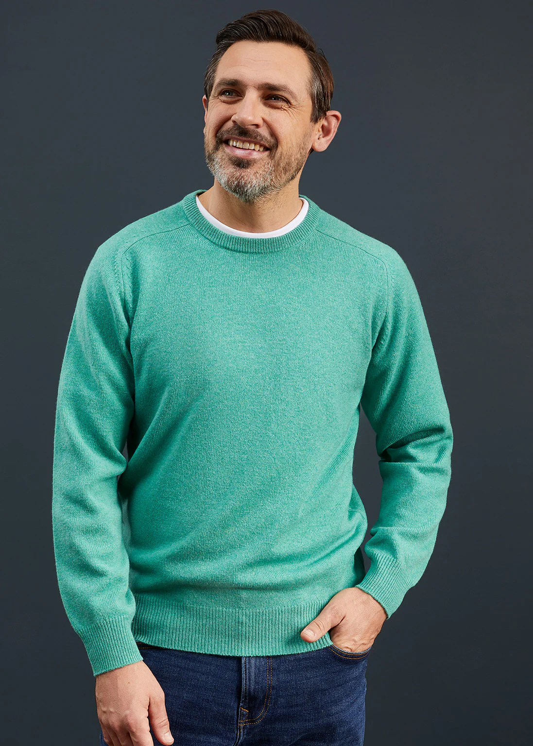 Men's Lambswool Crew Neck Jumper in Munsell Green - Classic Fit - Image 3