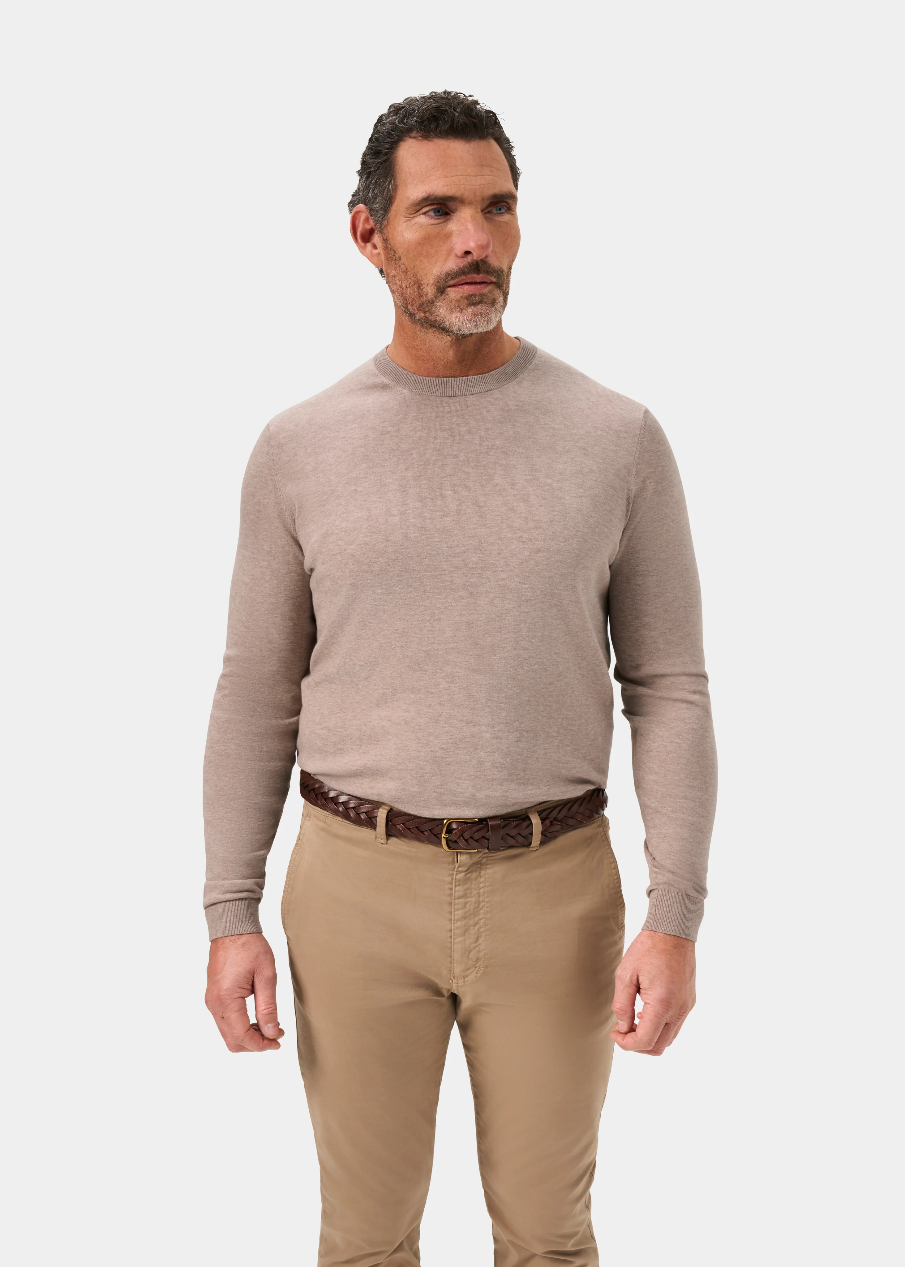 Oakford Cotton Long Sleeve Crew Neck Shirt In Coffee - Image 5