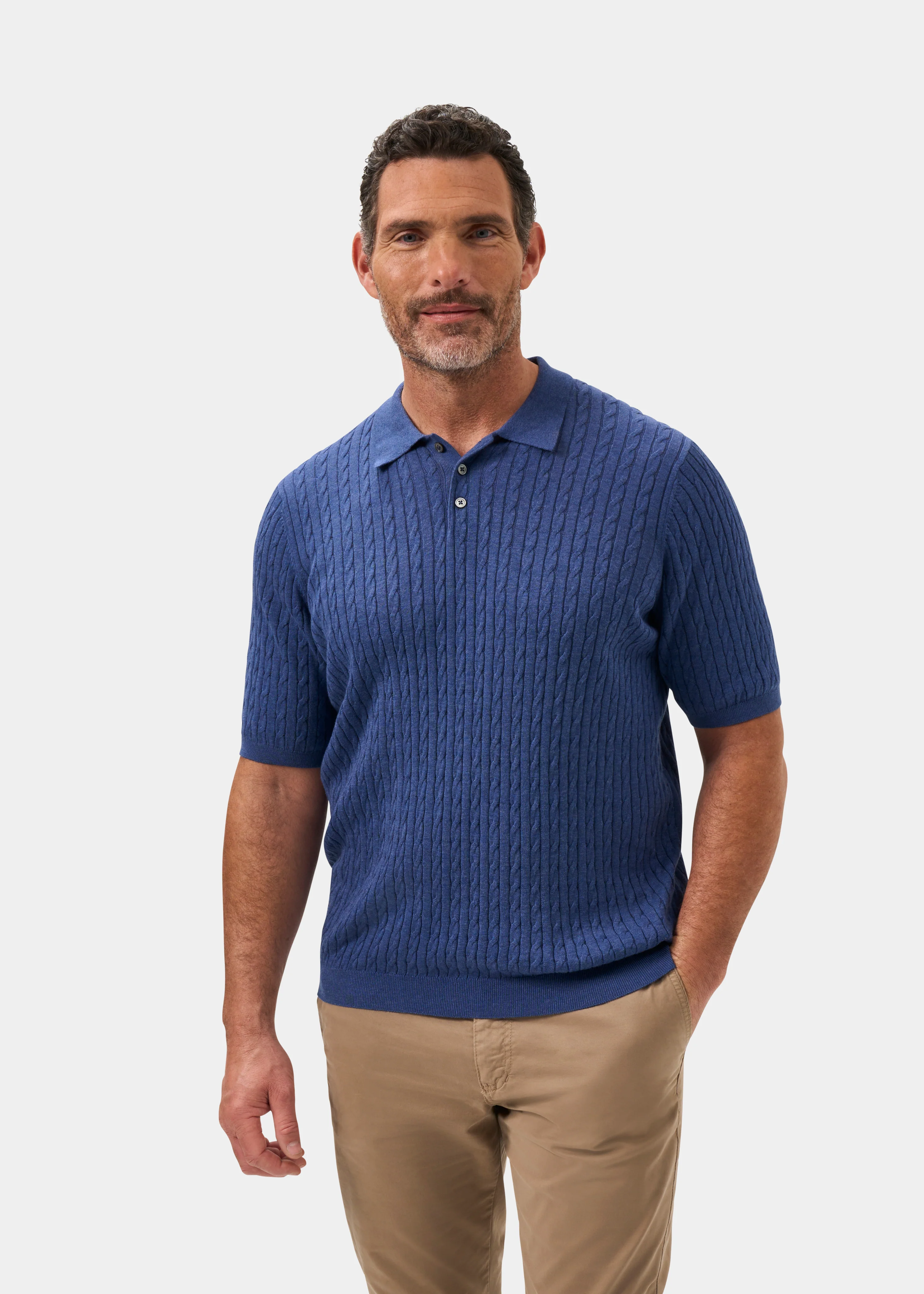 Portmellon Men's Baby Cable & Bar Polo In Indigo - Image 5