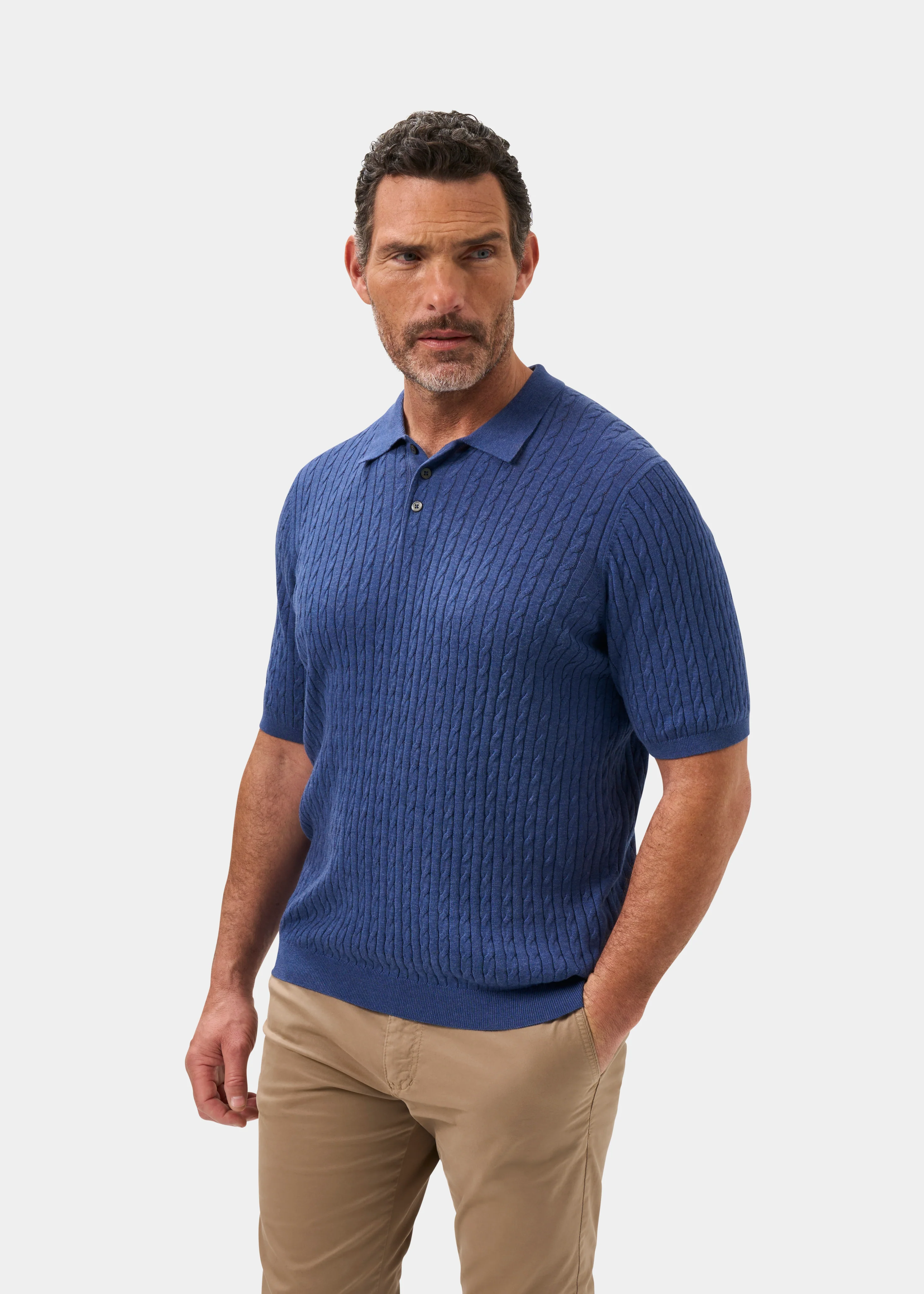 Portmellon Men's Baby Cable & Bar Polo In Indigo - Image 6