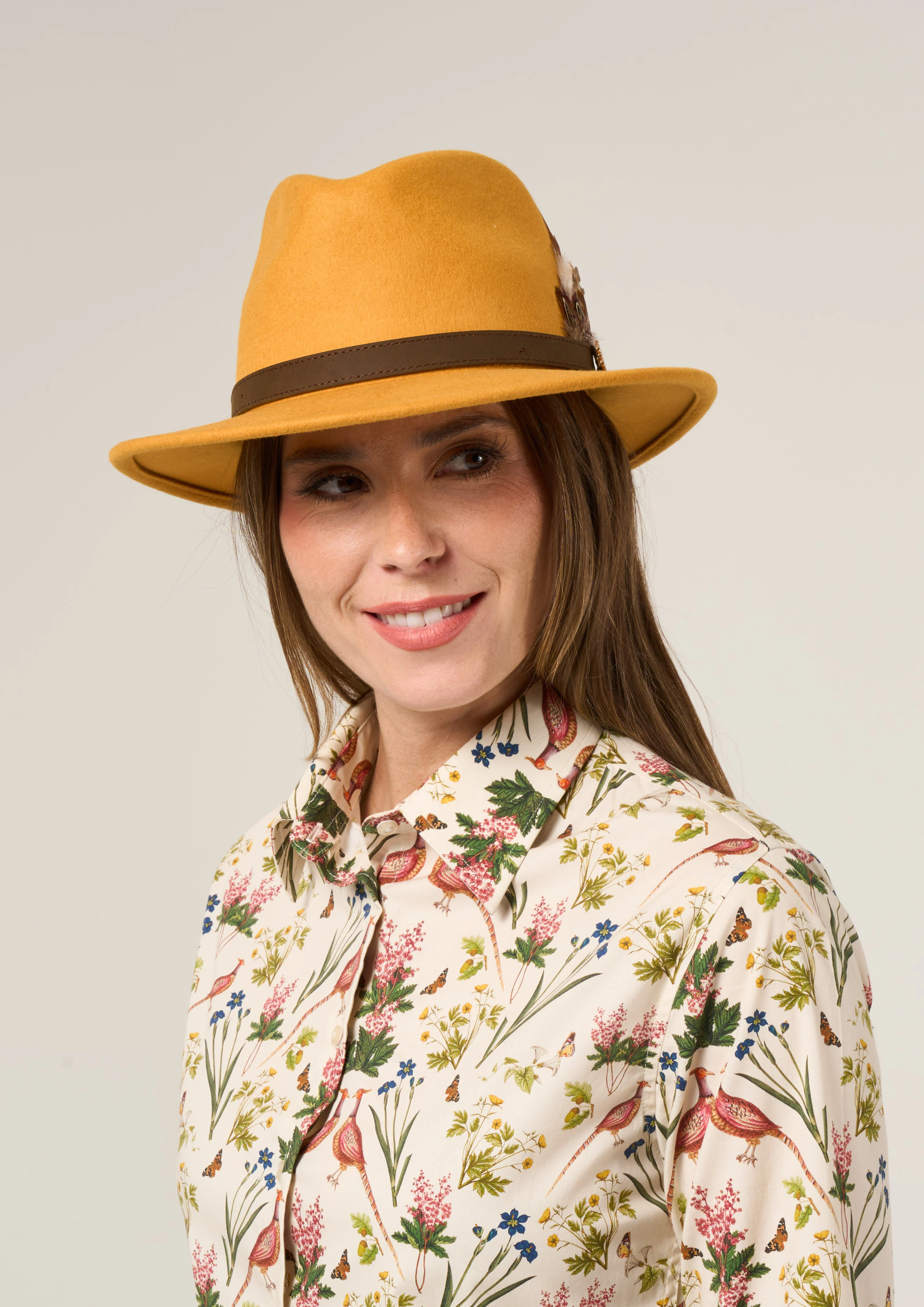 Richmond Unisex Felt Hat With Feather In Mustard - Image 3
