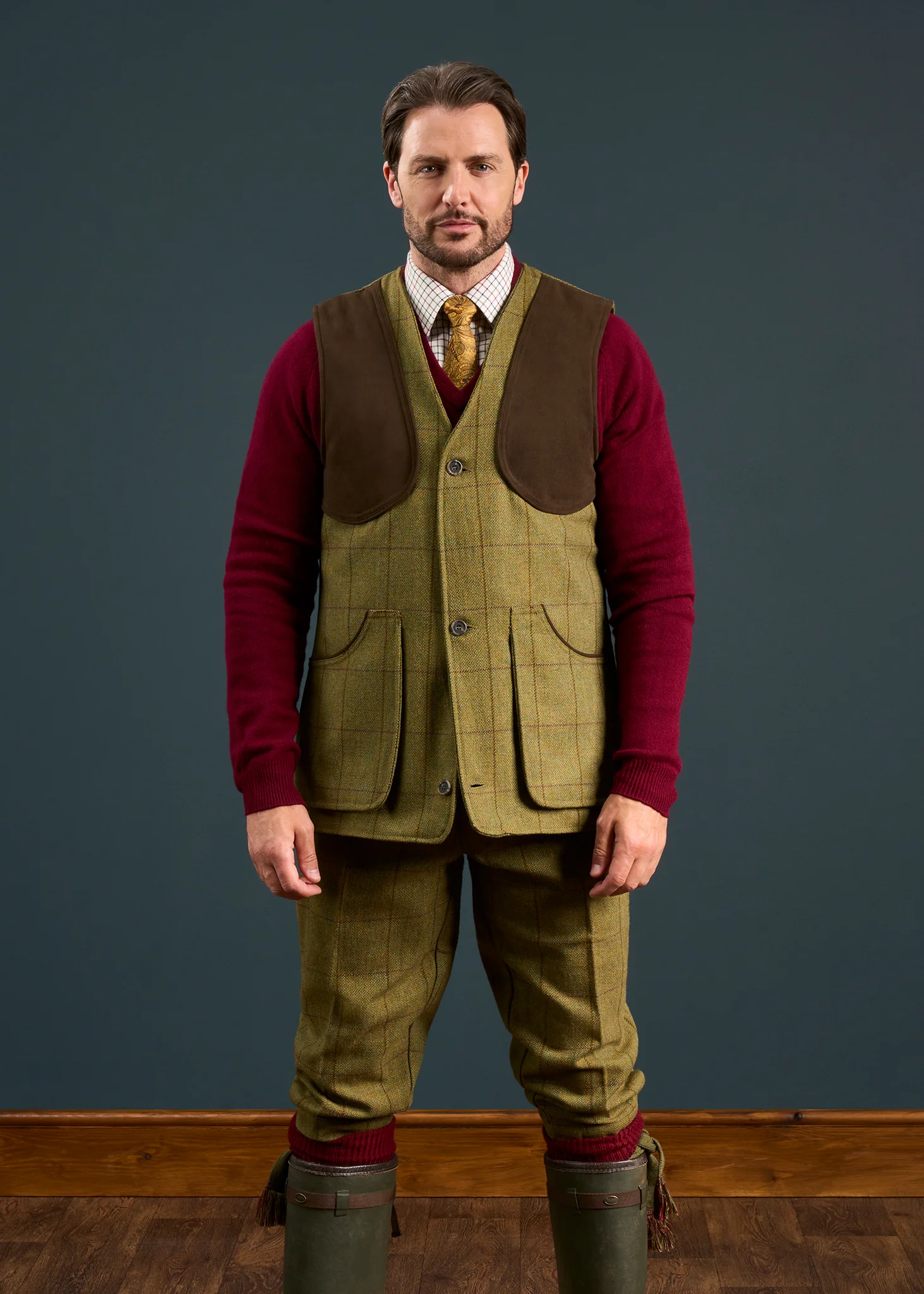 Rutland Men's Tweed Water Repellent Shooting Waistcoat in Lichen  -  Shooting Fit - Image 2