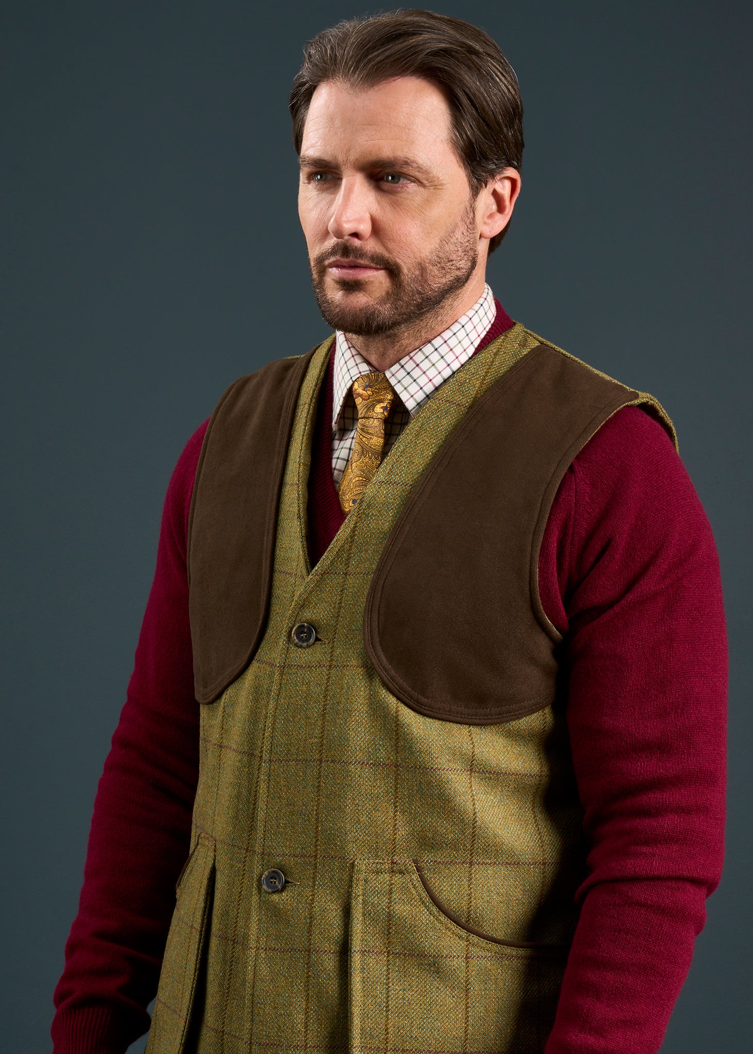 Rutland Men's Tweed Water Repellent Shooting Waistcoat in Lichen  -  Shooting Fit - Image 4