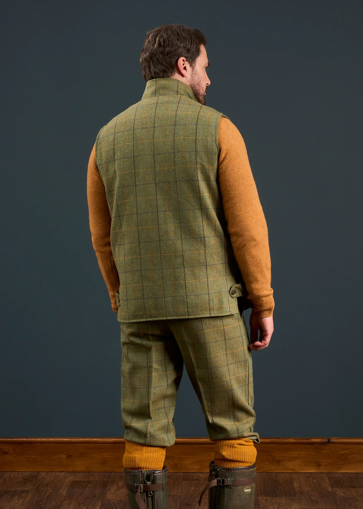 Rutland Men's Tweed Water Repellent Shooting Waistcoat in Dark Moss  -  Shooting Fit - Image 3