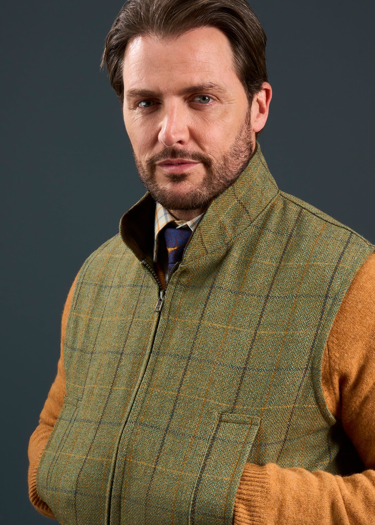 Rutland Men's Tweed Water Repellent Shooting Waistcoat in Dark Moss  -  Shooting Fit - Image 4