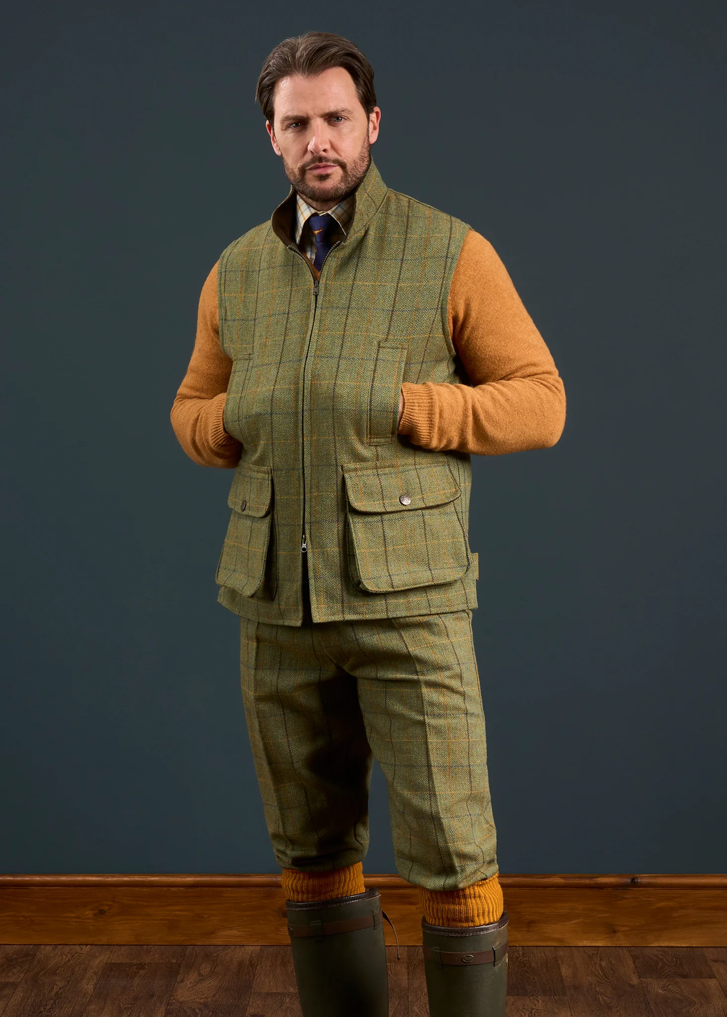 Rutland Men's Tweed Water Repellent Shooting Waistcoat in Dark Moss  -  Shooting Fit - Image 5