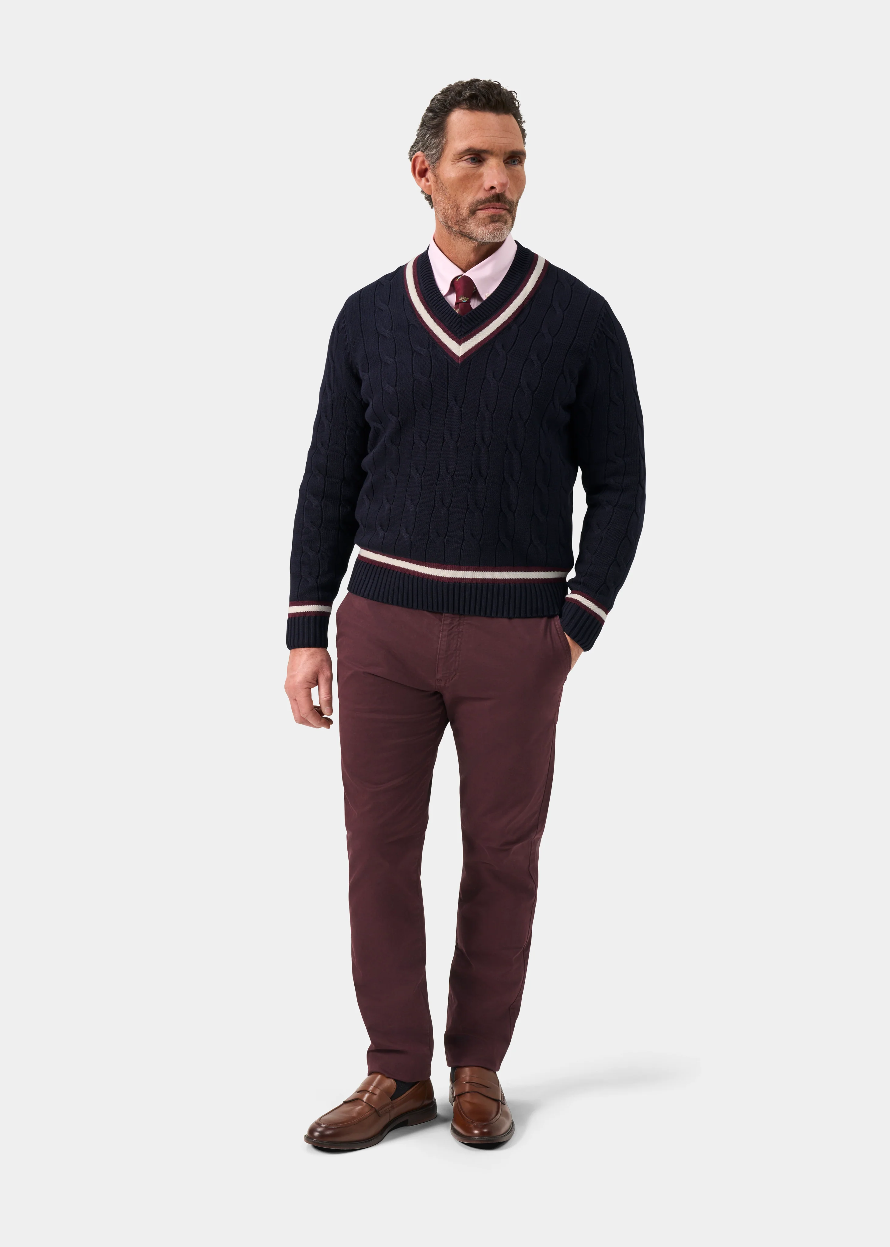 Sandridge Cable Knit Cricket Jumper In Dark Navy and Blackcurrant - Image 3