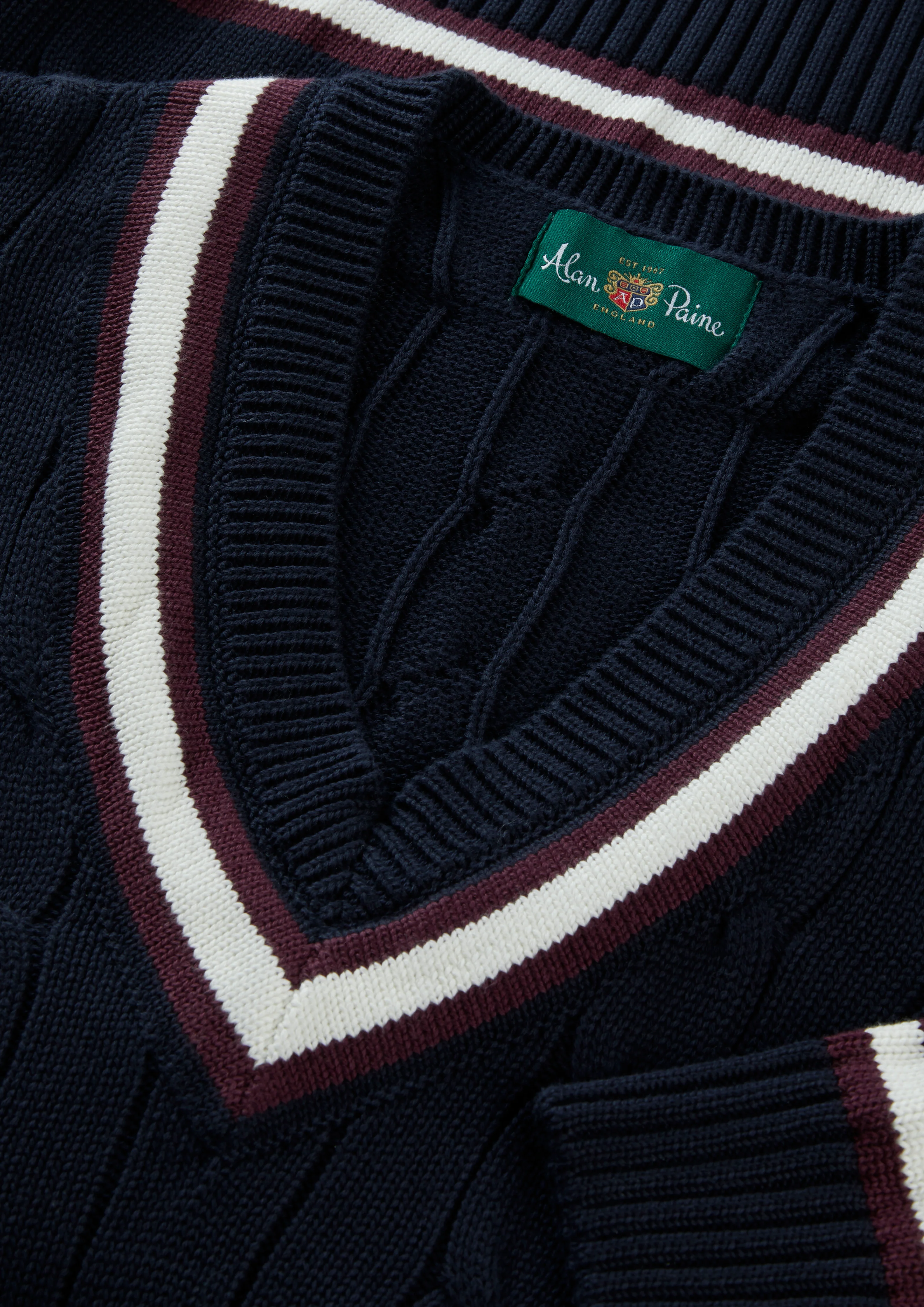 Sandridge Cable Knit Cricket Jumper In Dark Navy and Blackcurrant - Image 4