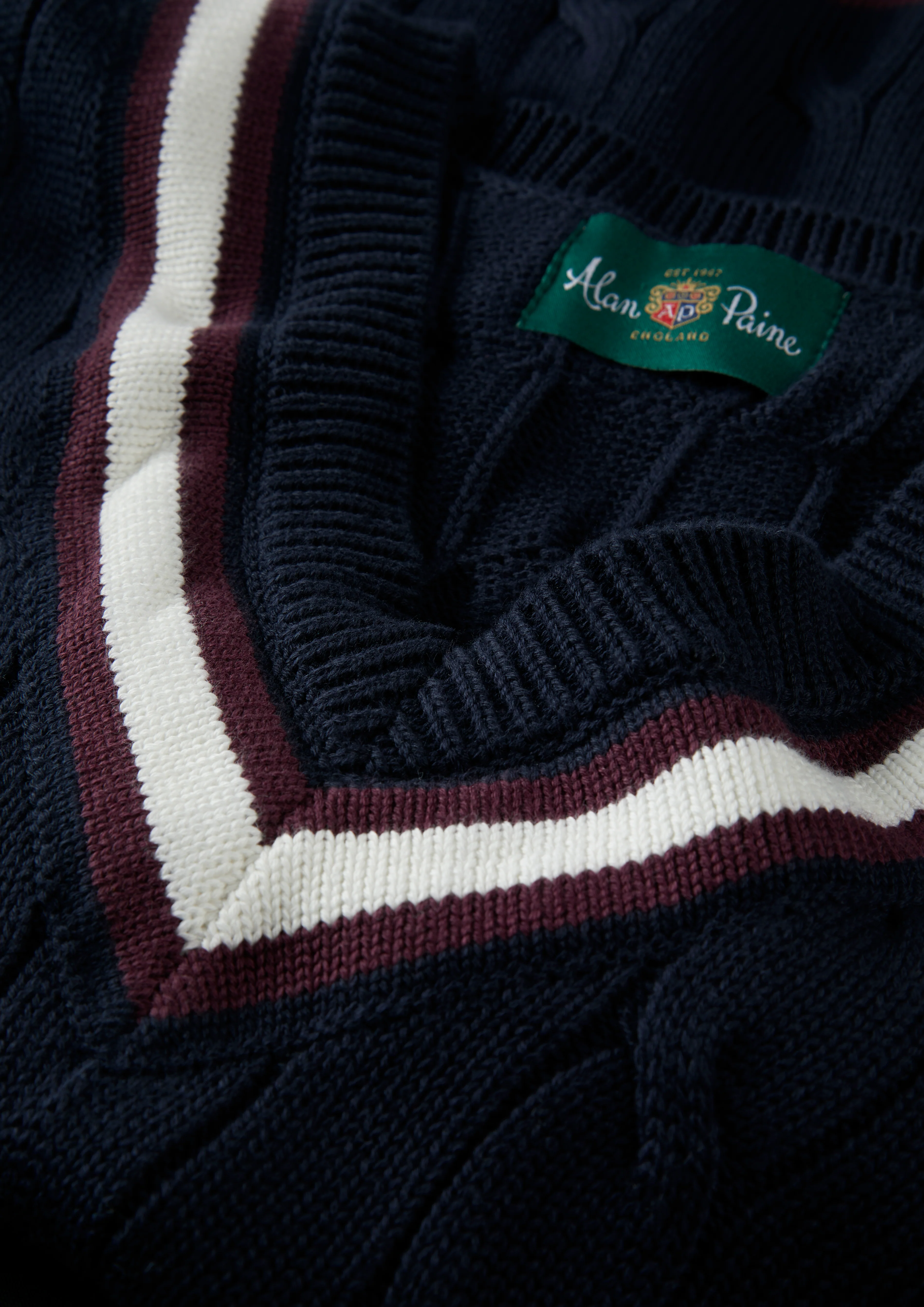 Sandridge Cable Knit Cricket Jumper In Dark Navy and Blackcurrant - Image 7