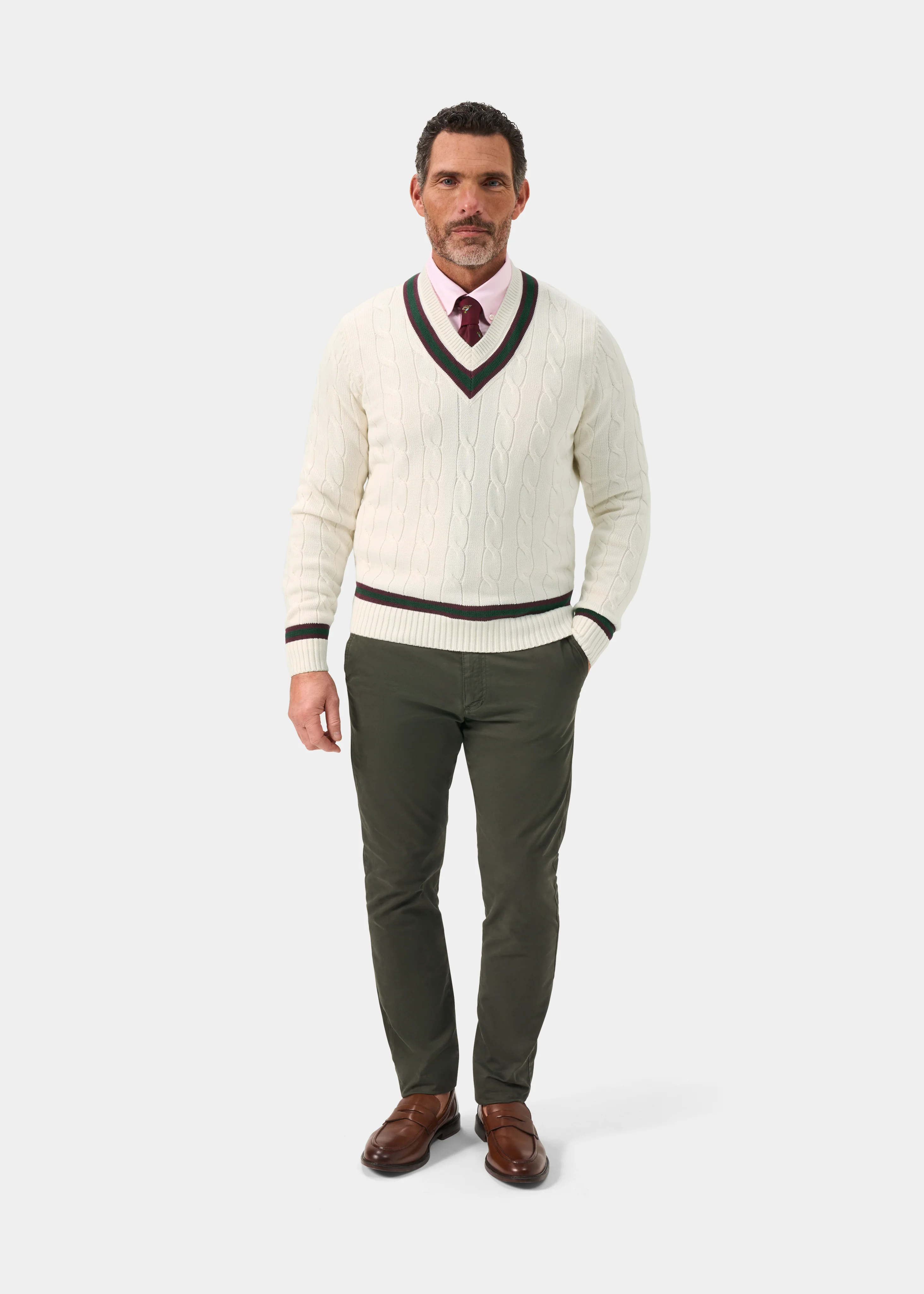 Sandridge Cable Knit Cricket Jumper In Ecru and AP Green - Image 3