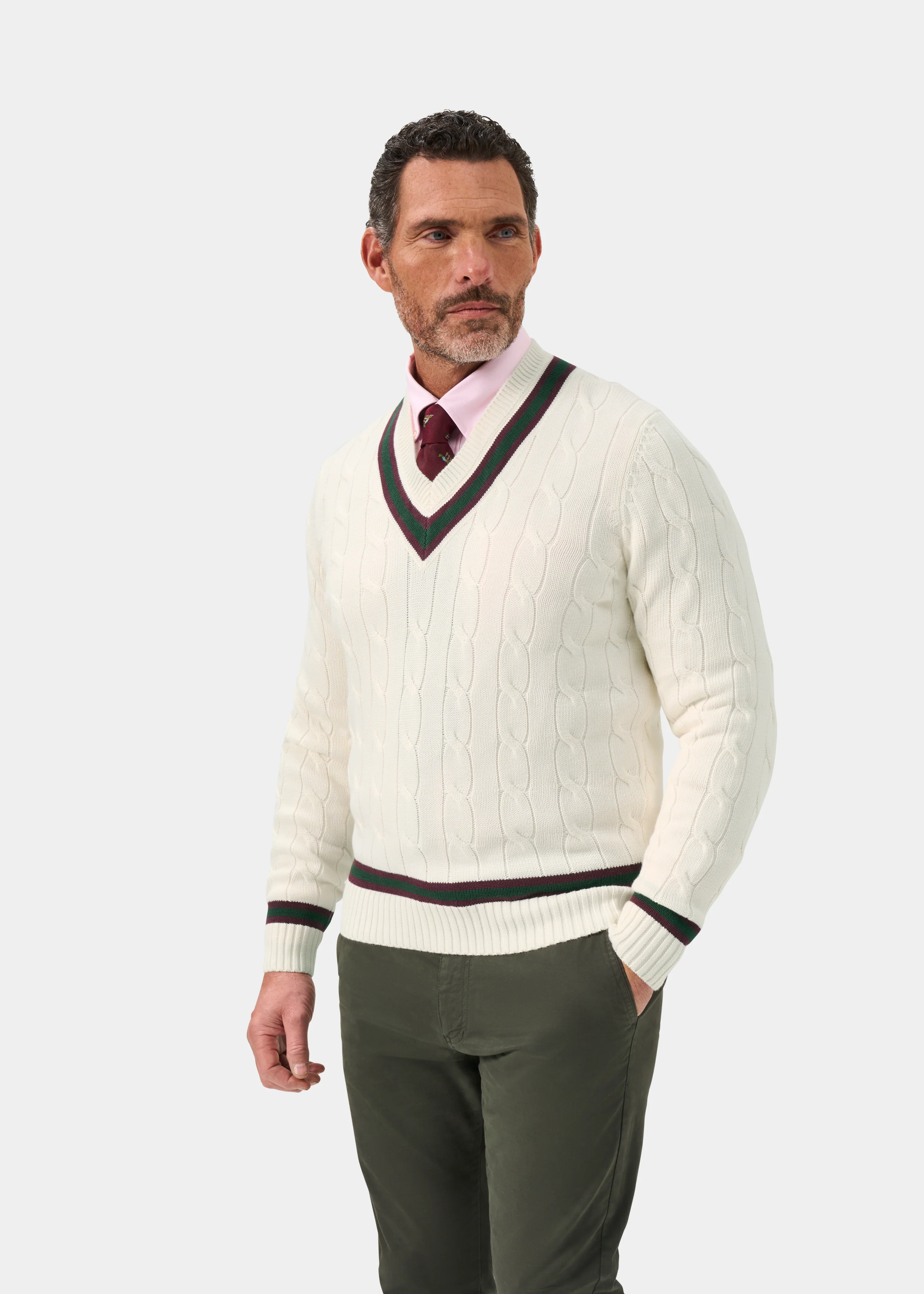 Sandridge Cable Knit Cricket Jumper In Ecru and AP Green - Image 5