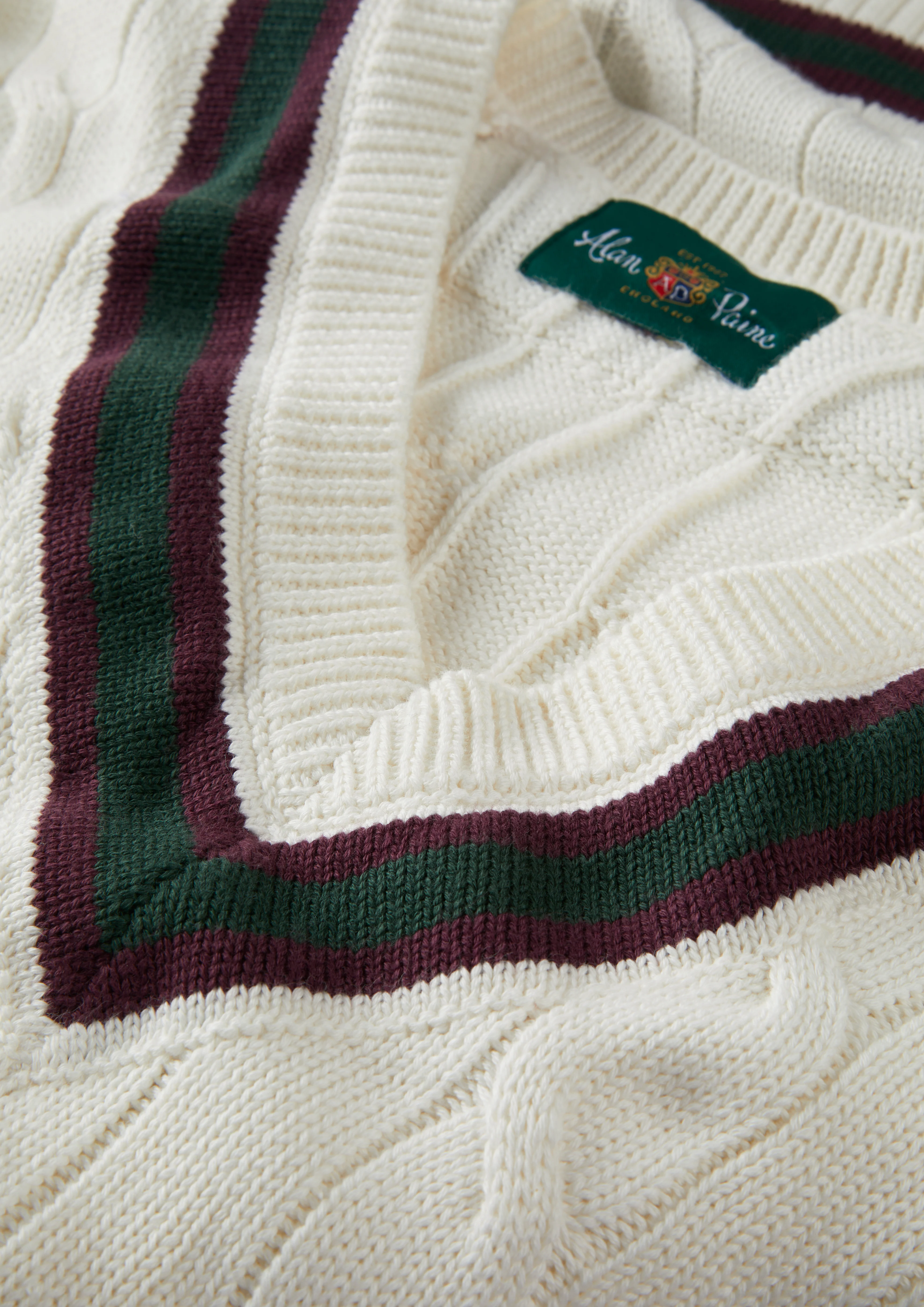 Sandridge Cable Knit Cricket Jumper In Ecru and AP Green - Image 7