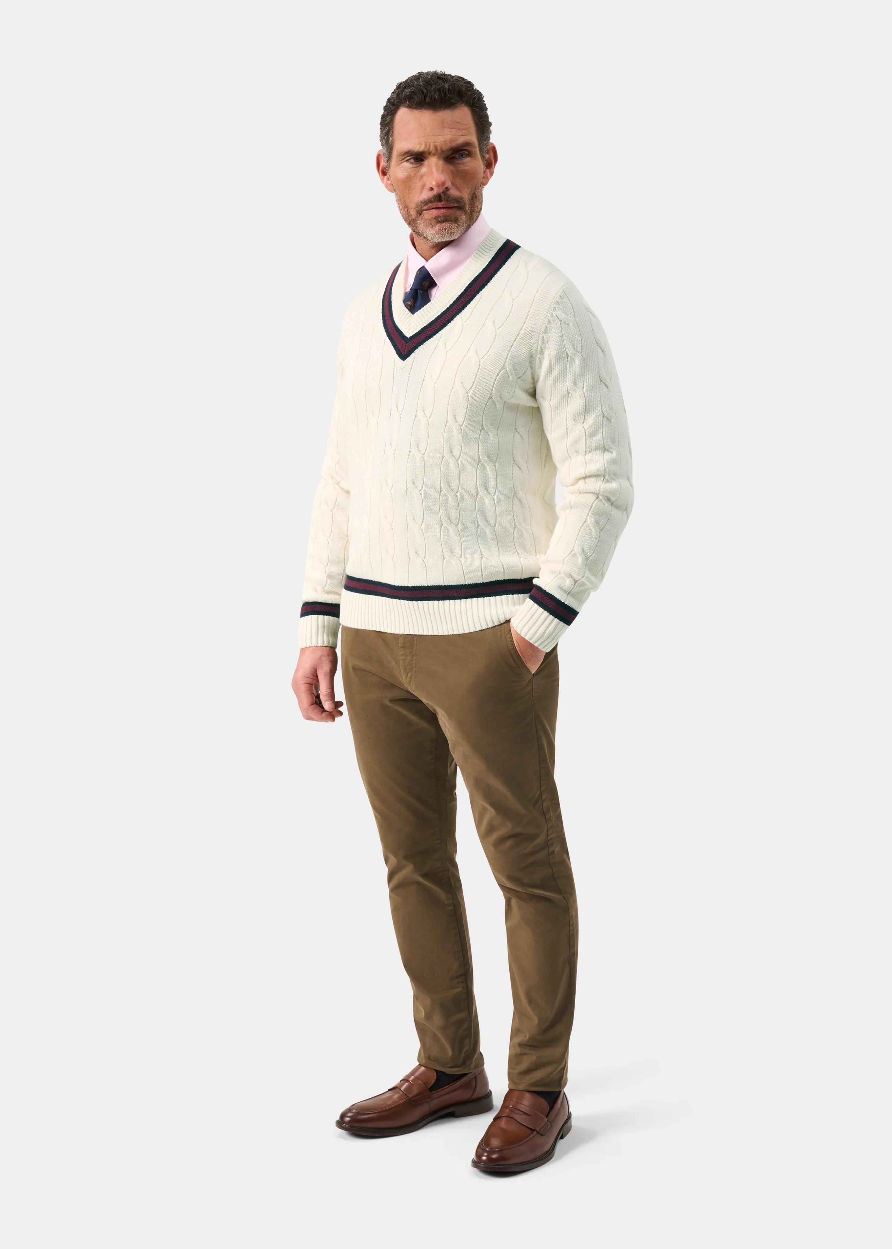 Sandridge Cable Knit Cricket Jumper In Ecru and Dark Navy - Image 3