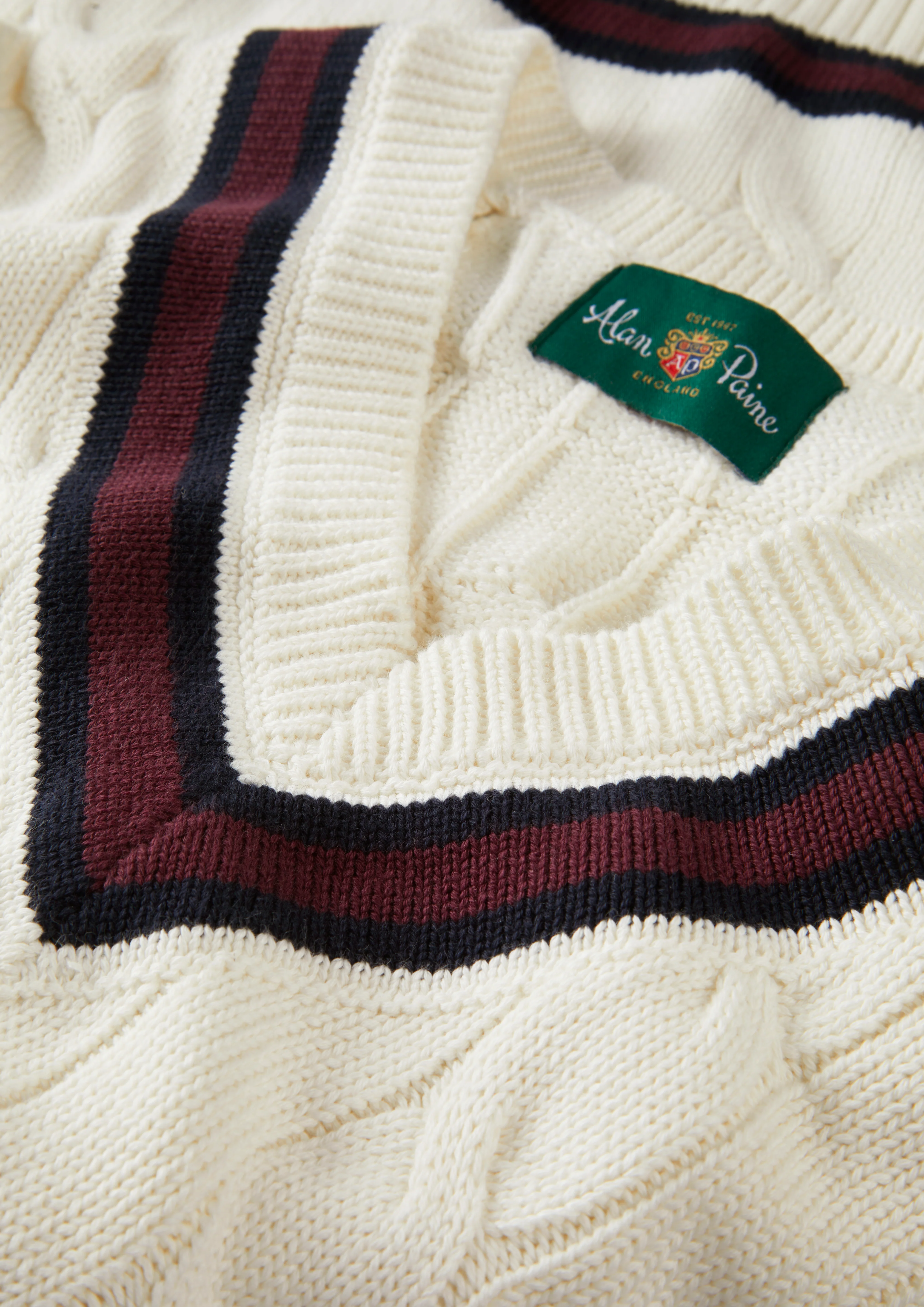 Sandridge Cable Knit Cricket Jumper In Ecru and Dark Navy - Image 7