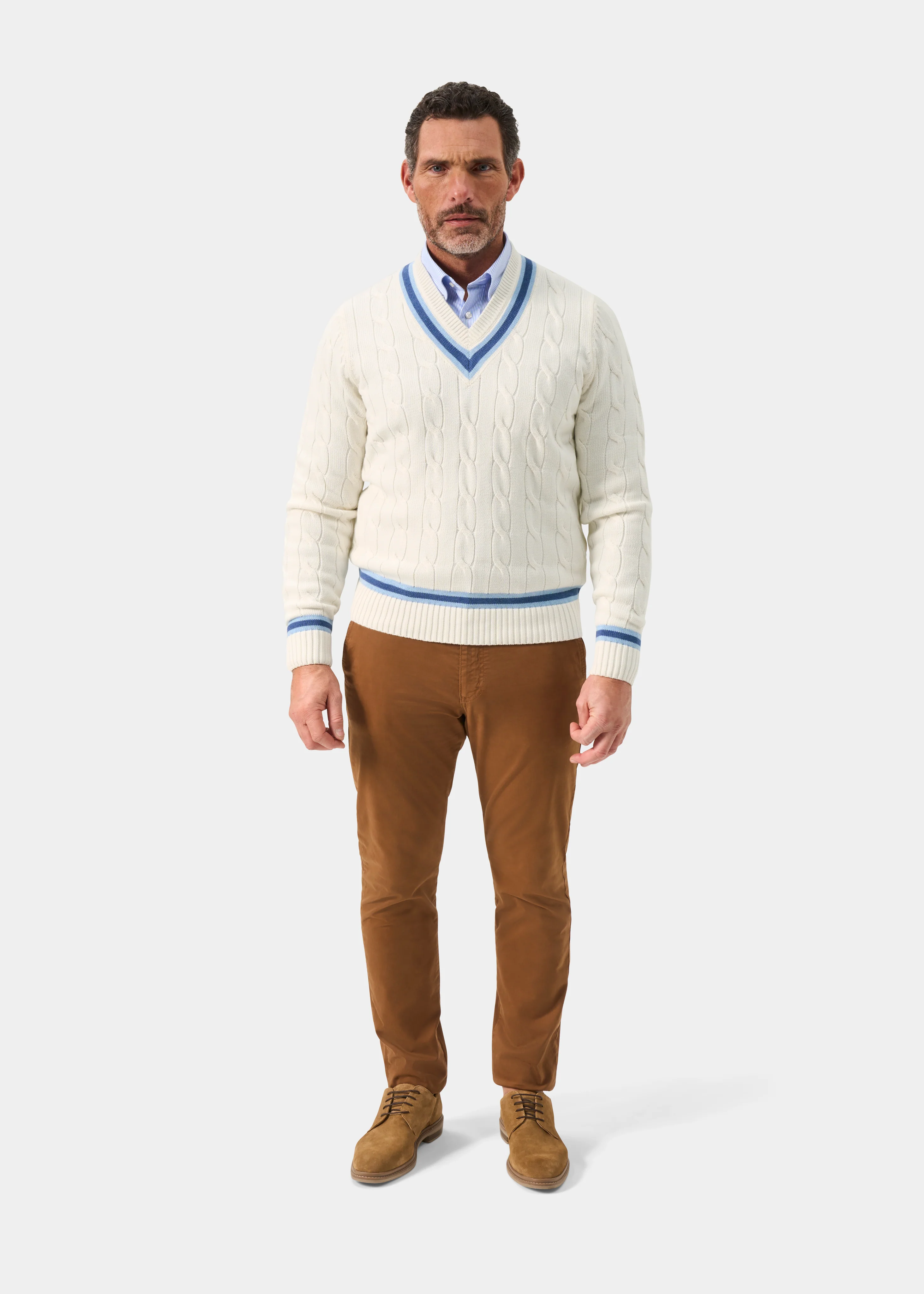 Sandridge Cable Knit Cricket Jumper In Ecru and Indigo - Image 3