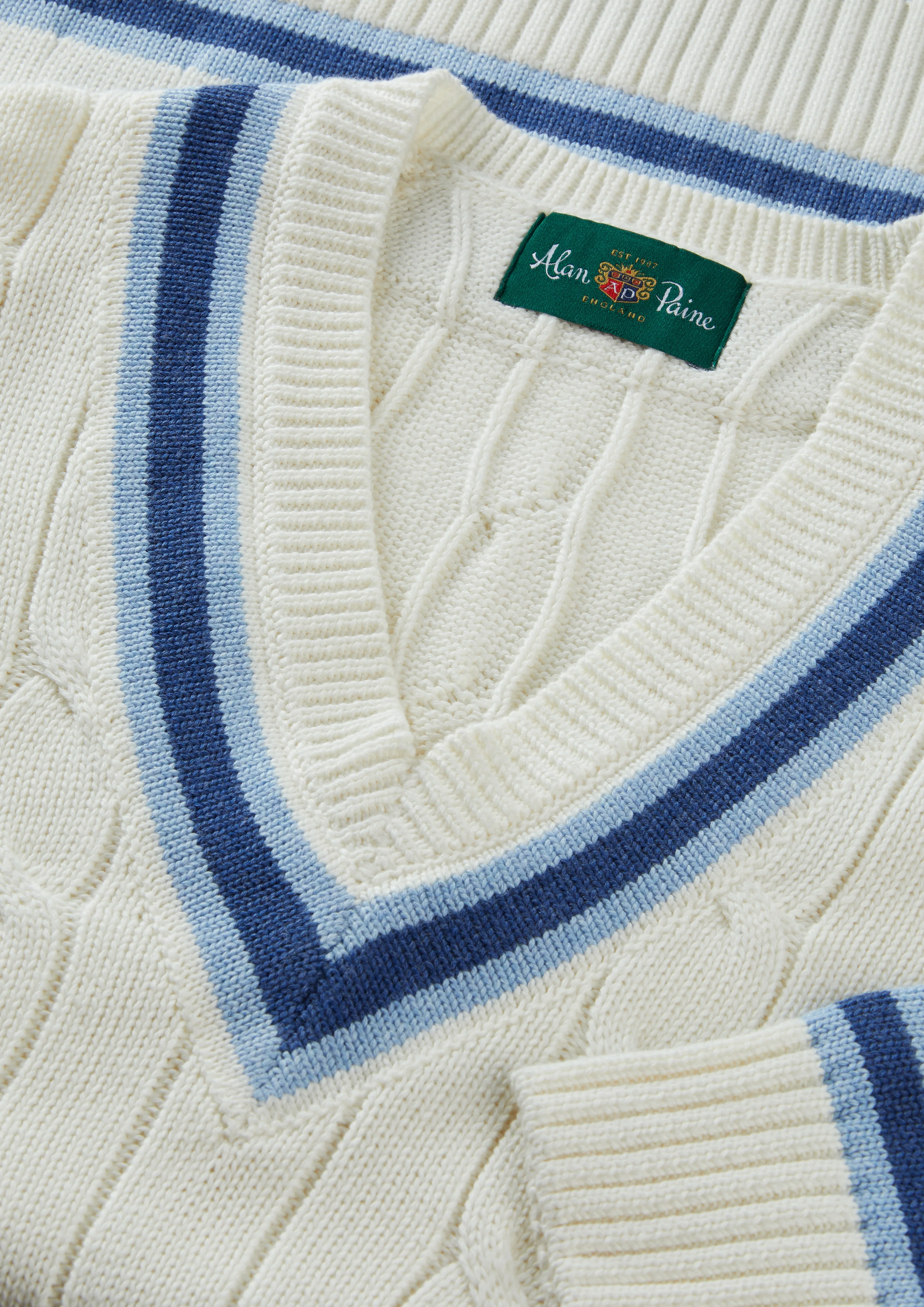 Sandridge Cable Knit Cricket Jumper In Ecru and Indigo - Image 4