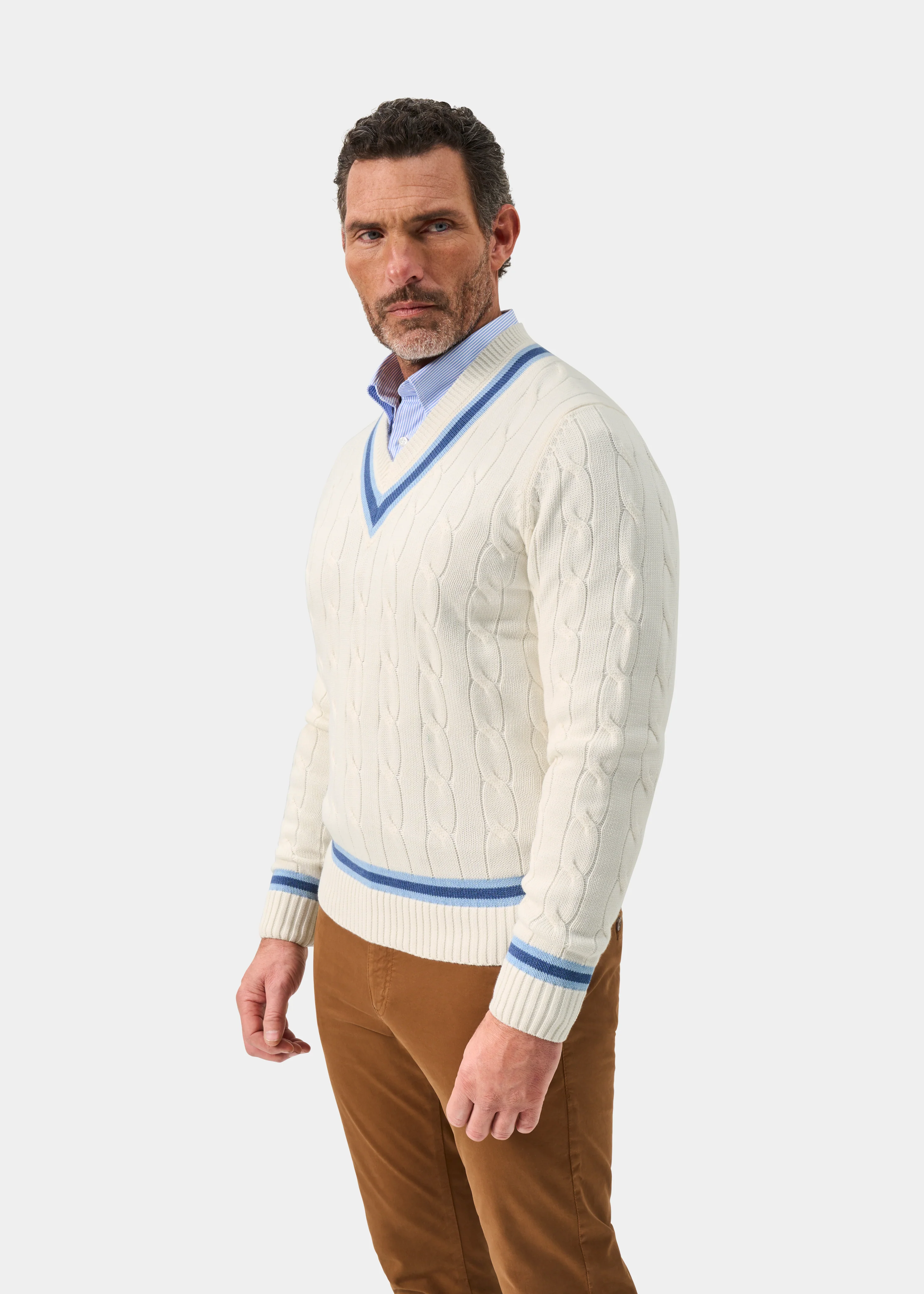 Sandridge Cable Knit Cricket Jumper In Ecru and Indigo - Image 5