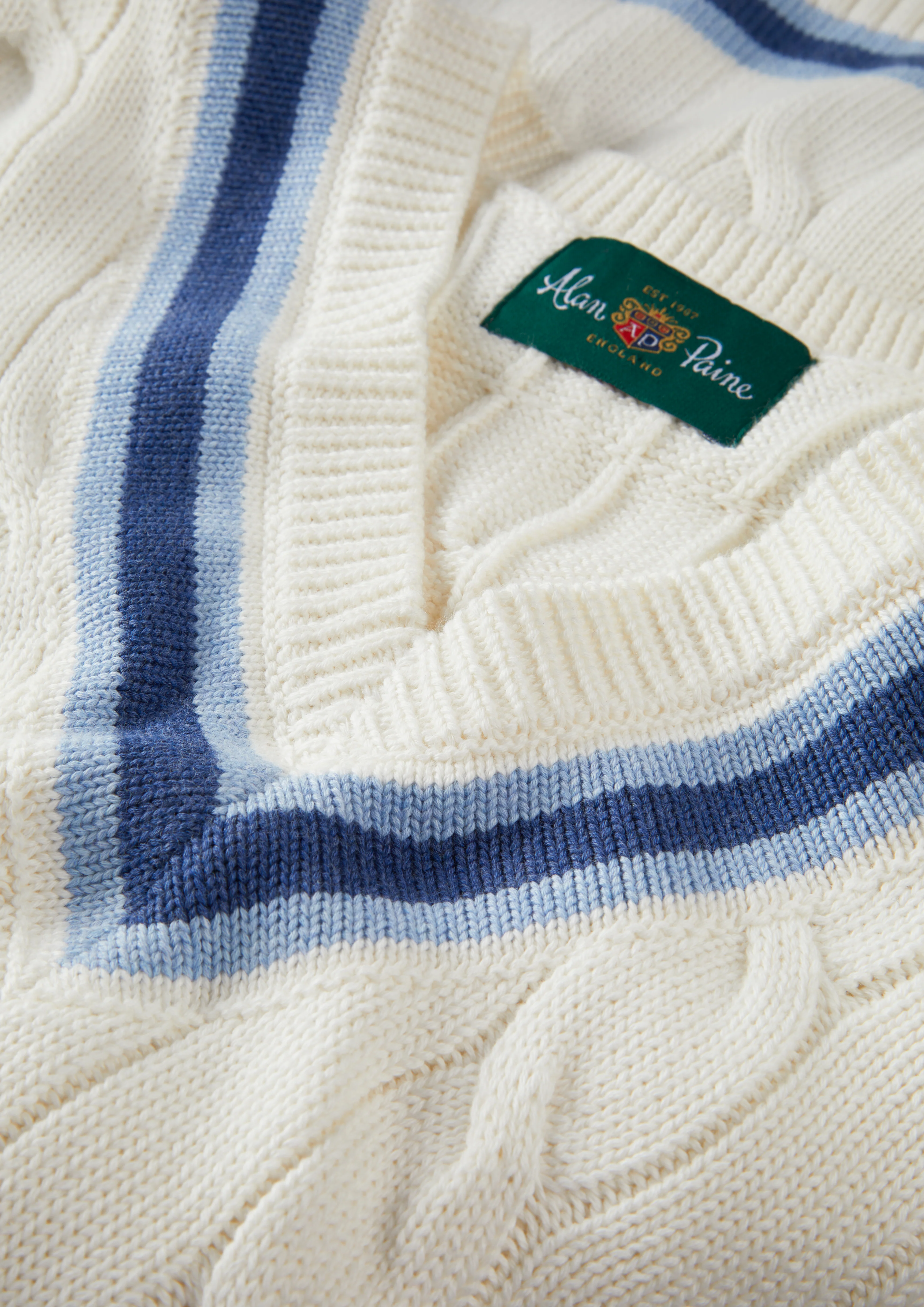Sandridge Cable Knit Cricket Jumper In Ecru and Indigo - Image 7