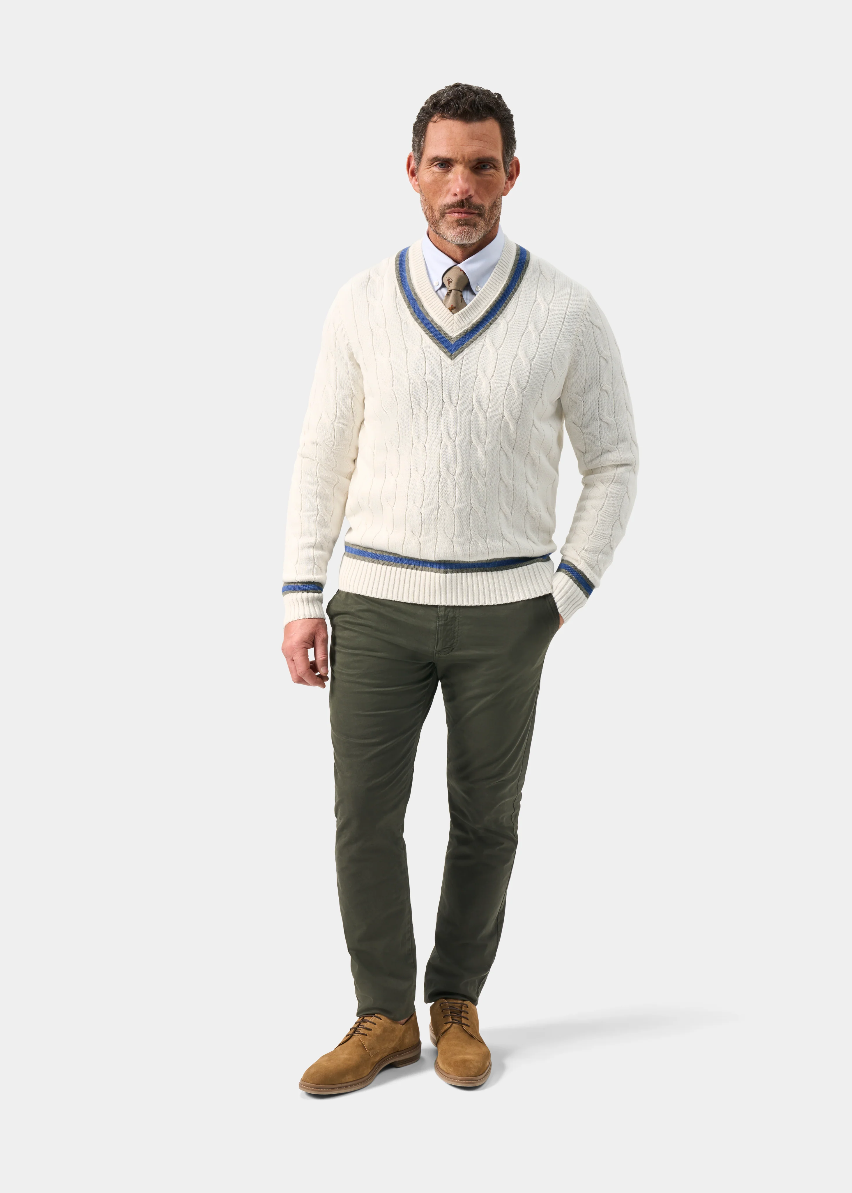 Sandridge Cable Knit Cricket Jumper In Ecru and Landscape - Image 3