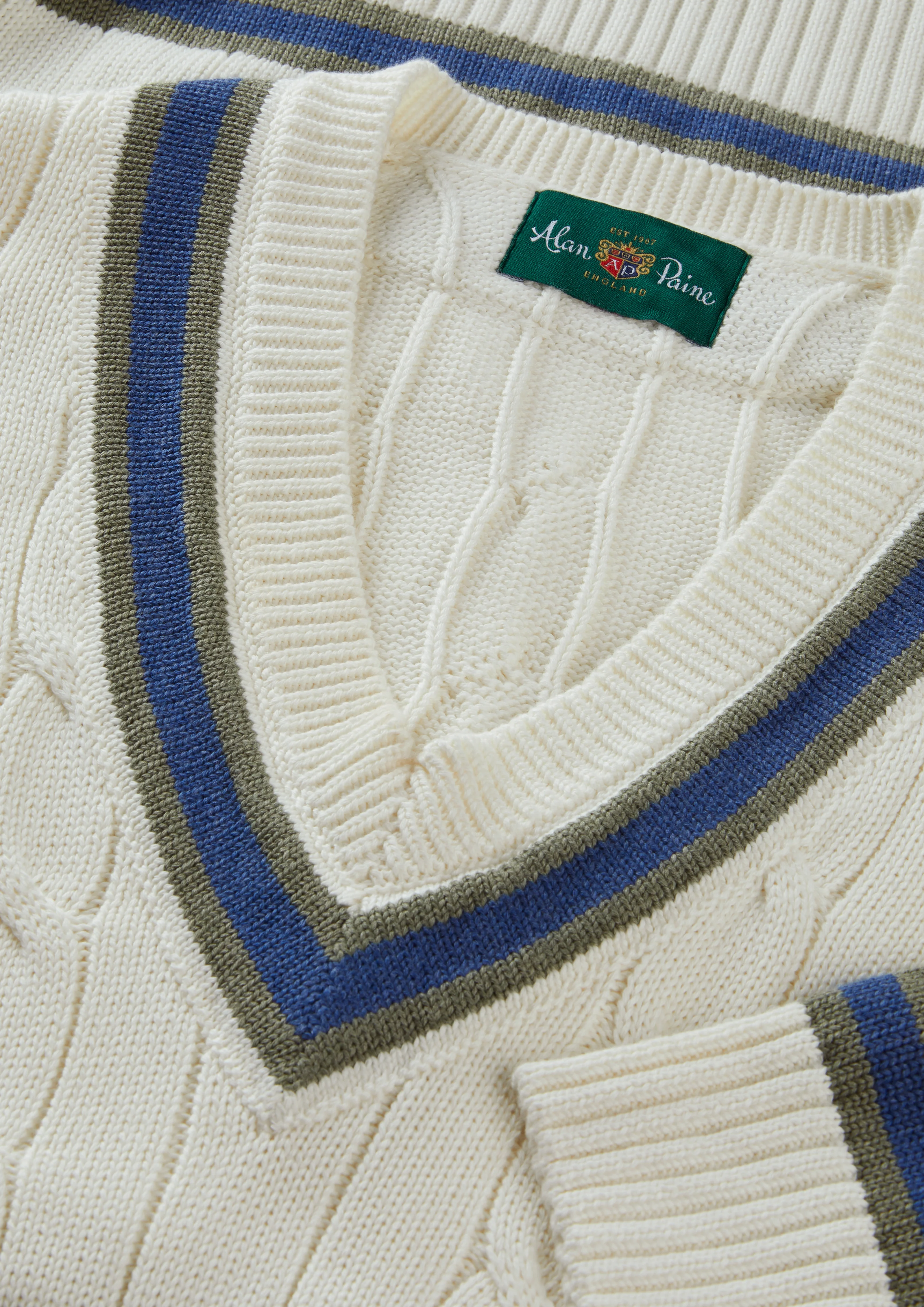Sandridge Cable Knit Cricket Jumper In Ecru and Landscape - Image 4