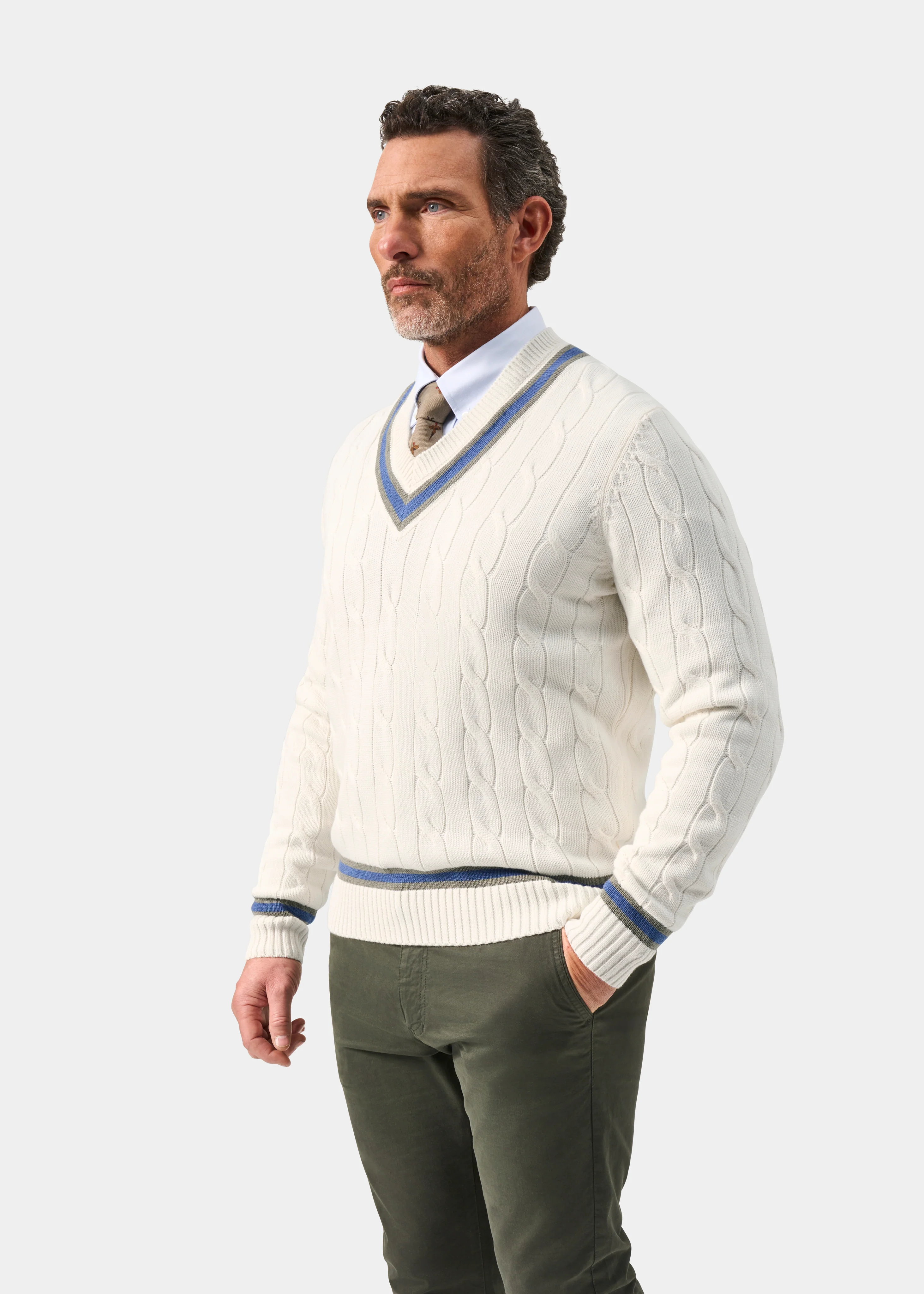 Sandridge Cable Knit Cricket Jumper In Ecru and Landscape - Image 5